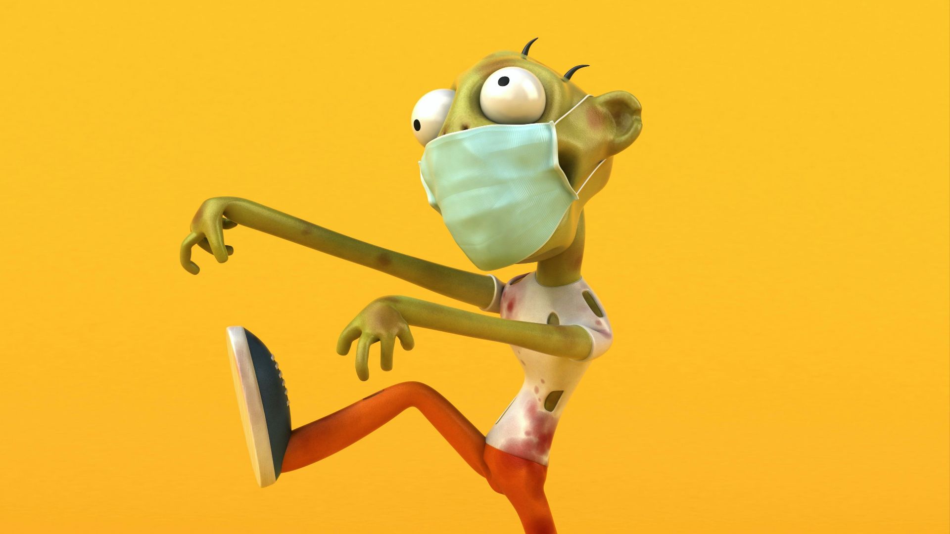 a cartoon character wearing a face mask and running