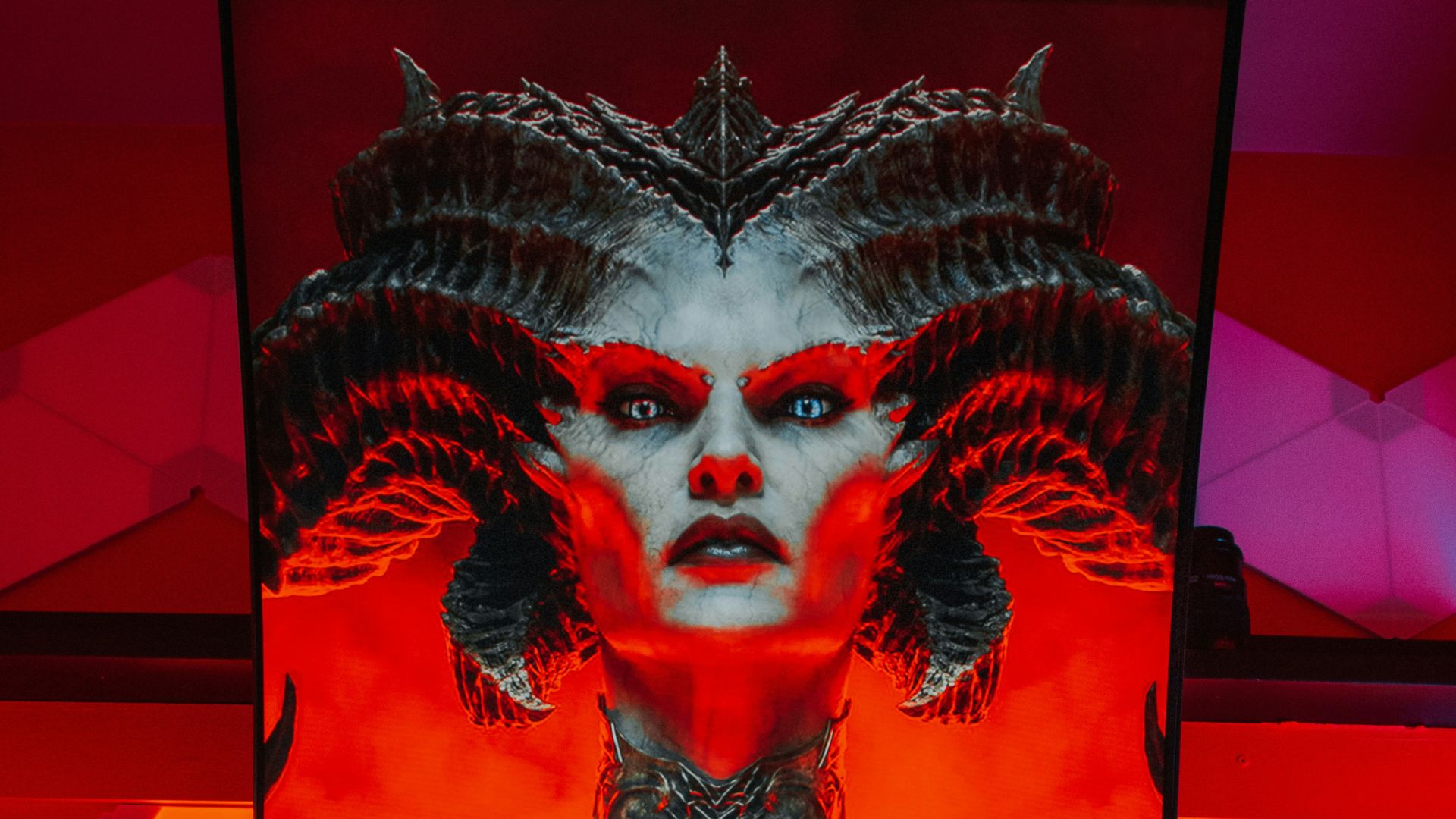 a picture of a woman on a red background