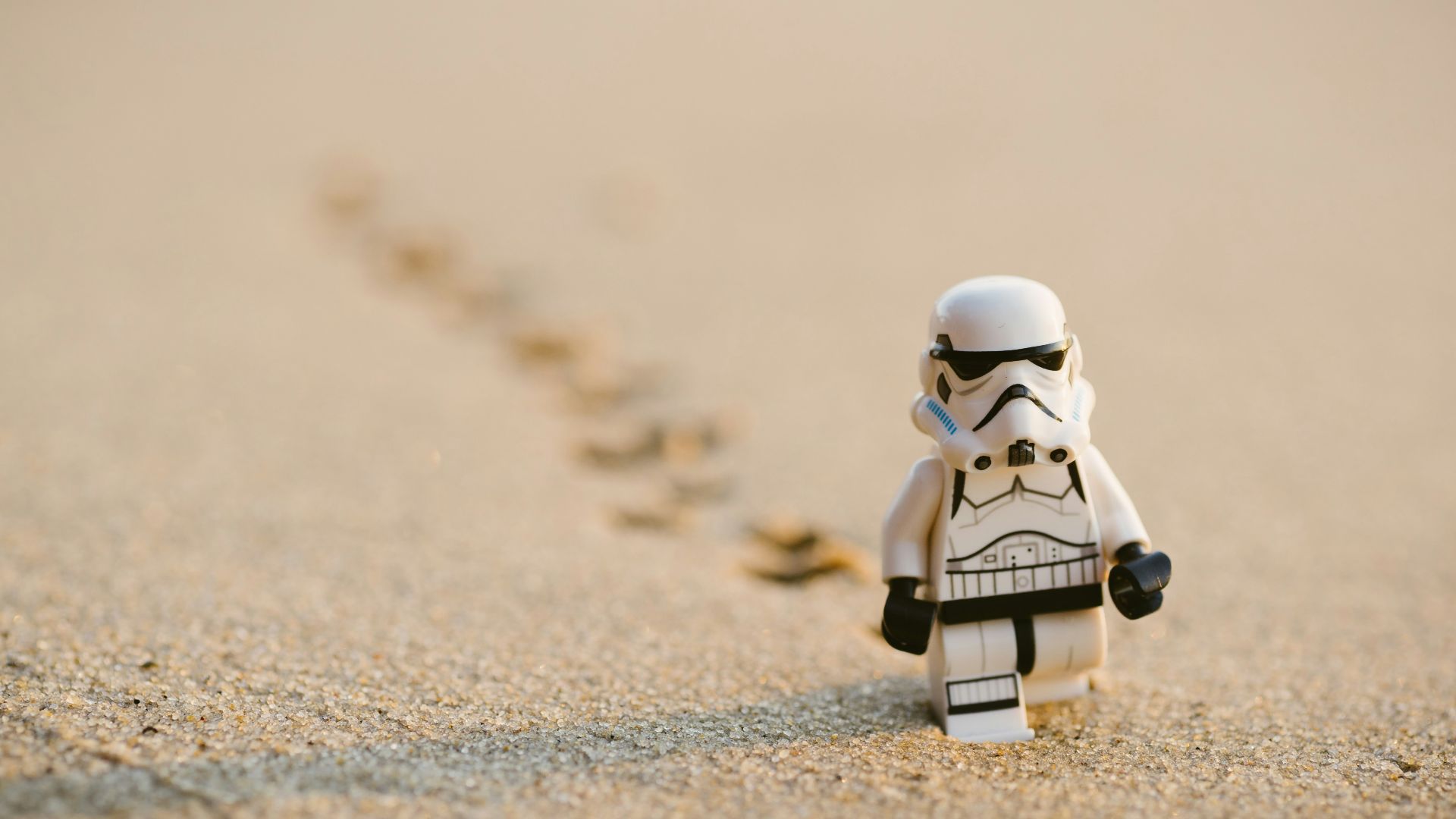 Stormtrooper minifigure walking on the sand