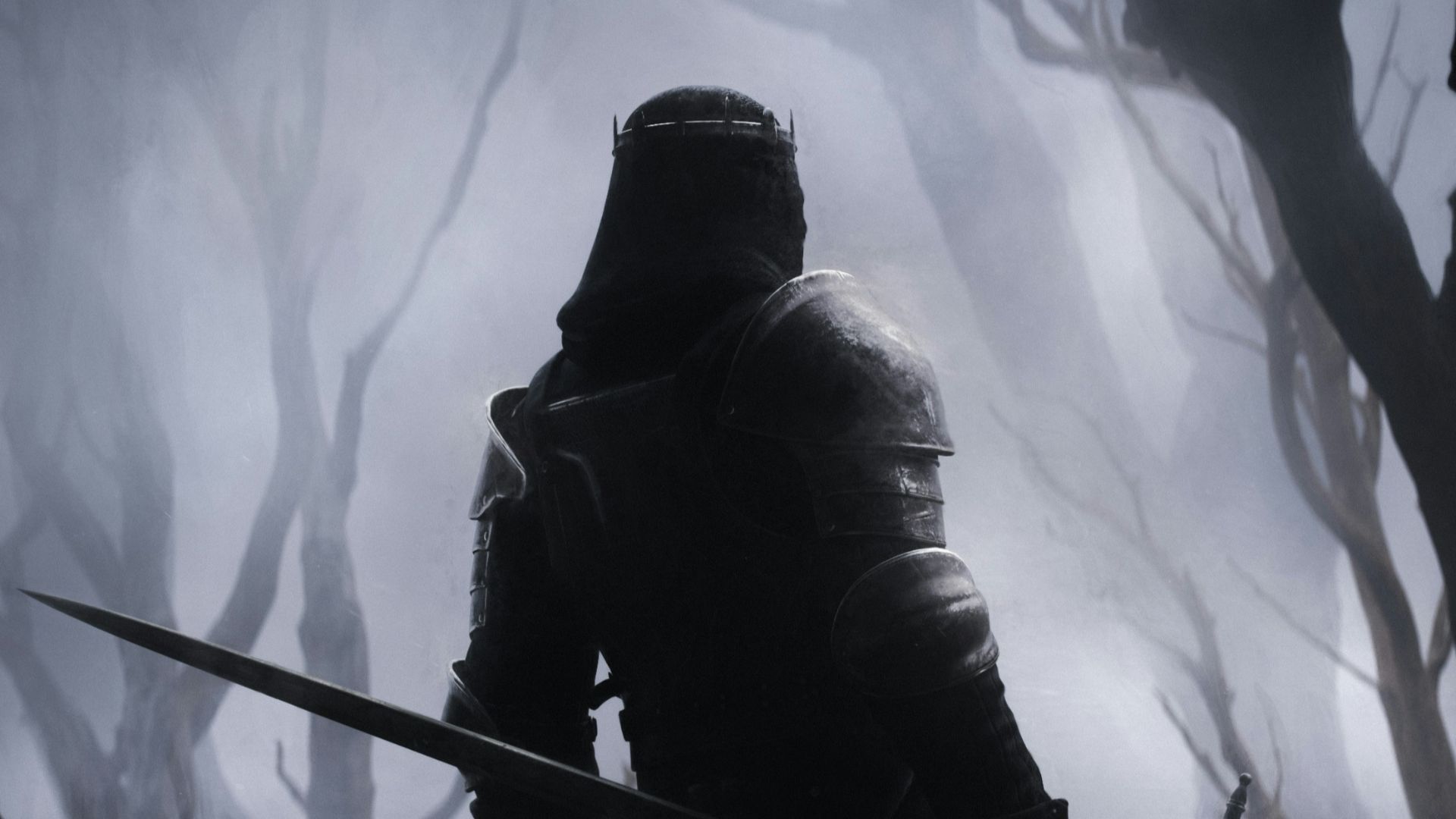 a man in a hooded suit holding a sword in a dark forest