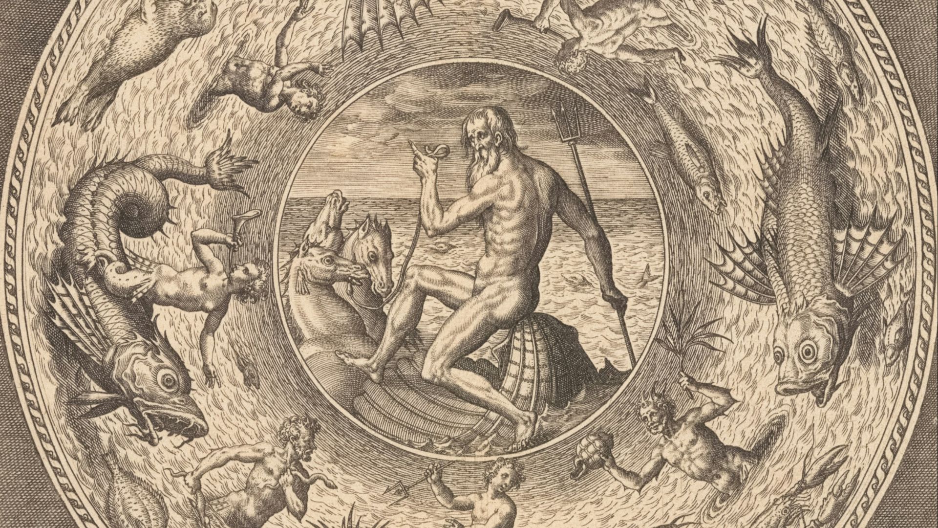 Mythological scene with sea creatures and figures