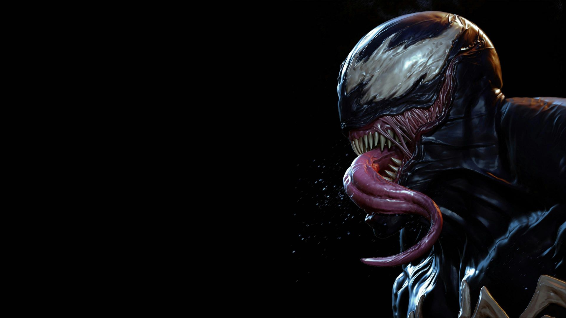 Venom with his tongue out against black background