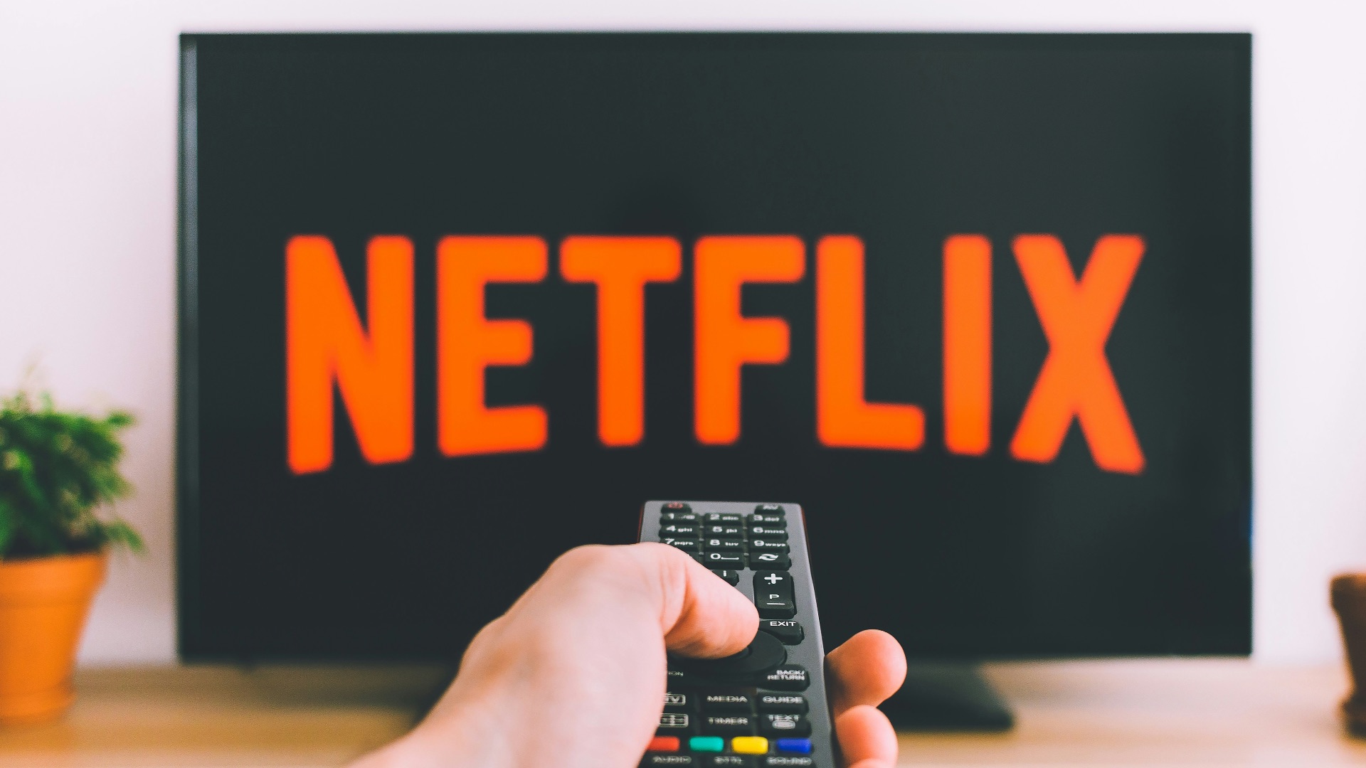 person holding remote pointing at TV