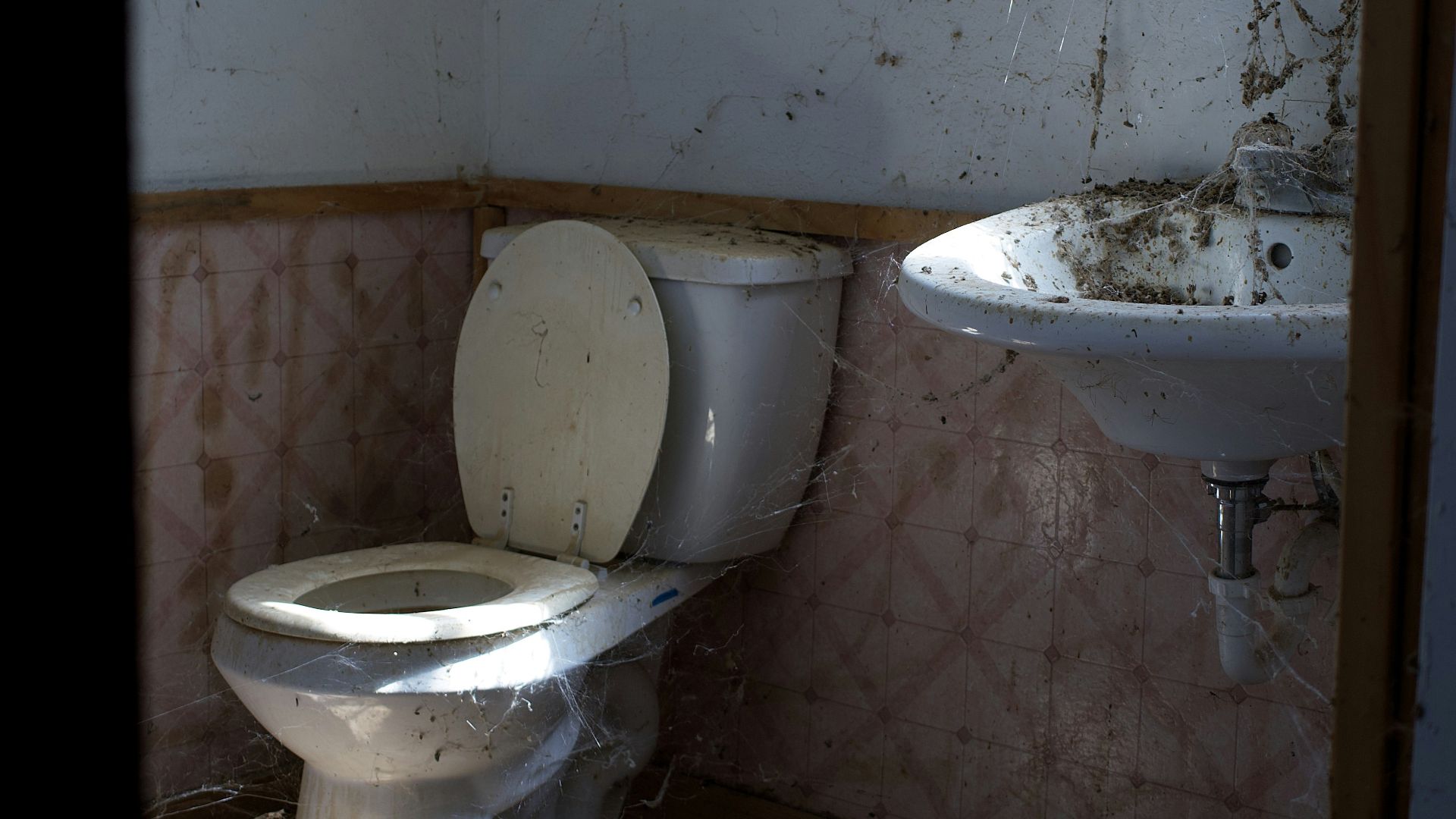 An old, dirty bathroom with a toilet and sink.