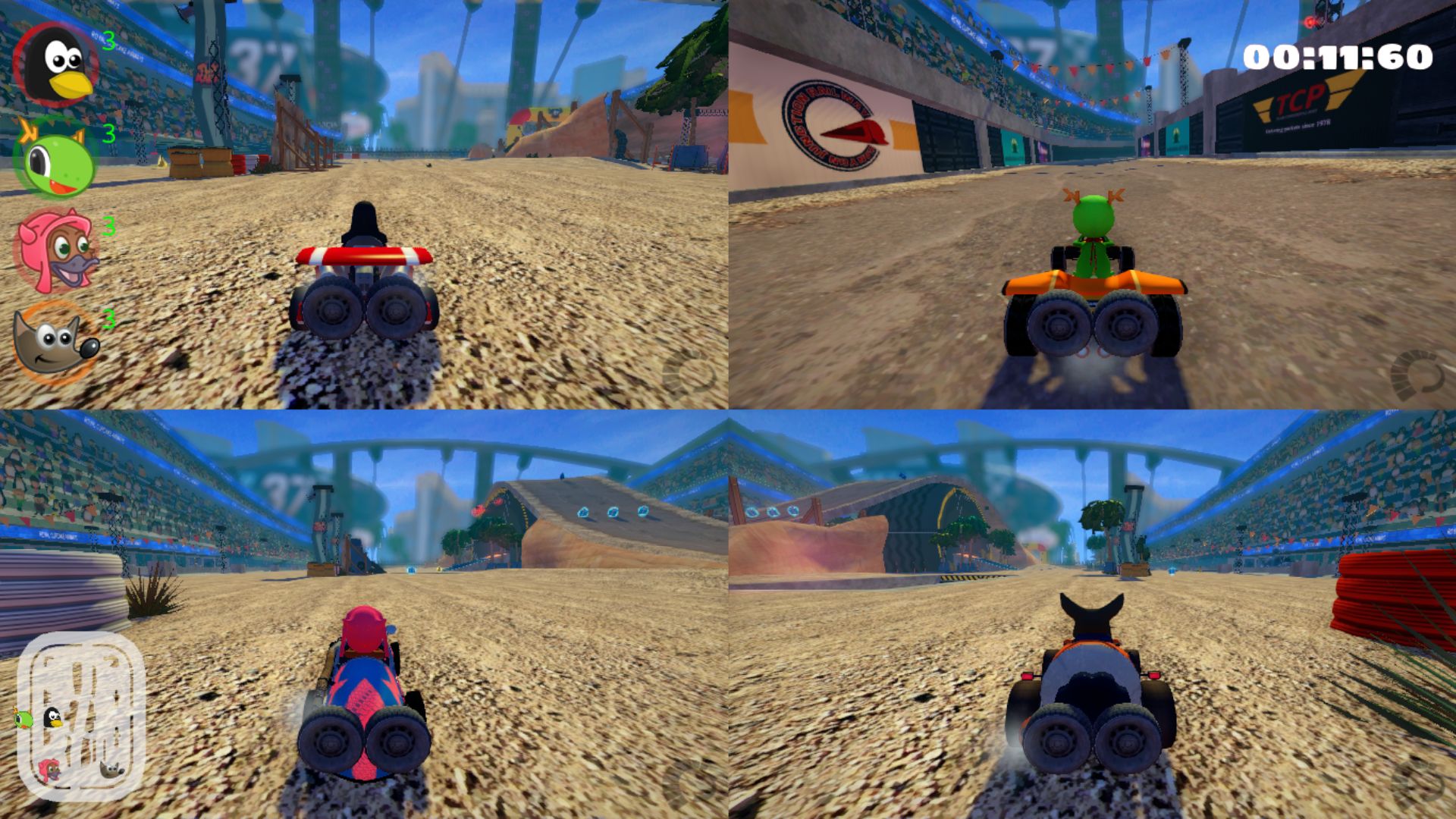 File:Split-screen 4-player multiplayer in SuperTuxKart (2017, 0.9.3).png