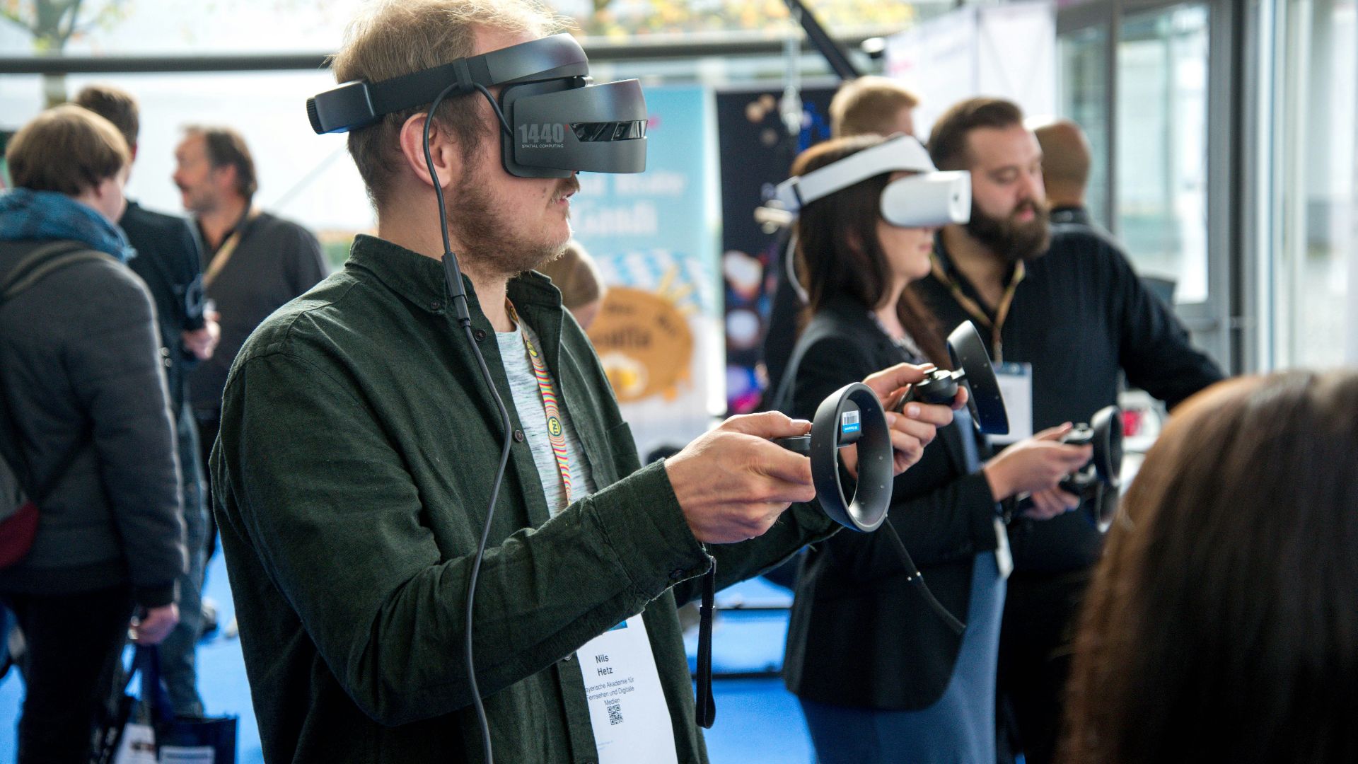 person wearing VR smartphone headset inside room