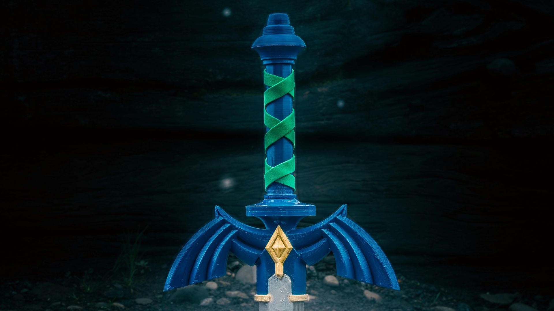 A blue and green dragon sword and some white flowers