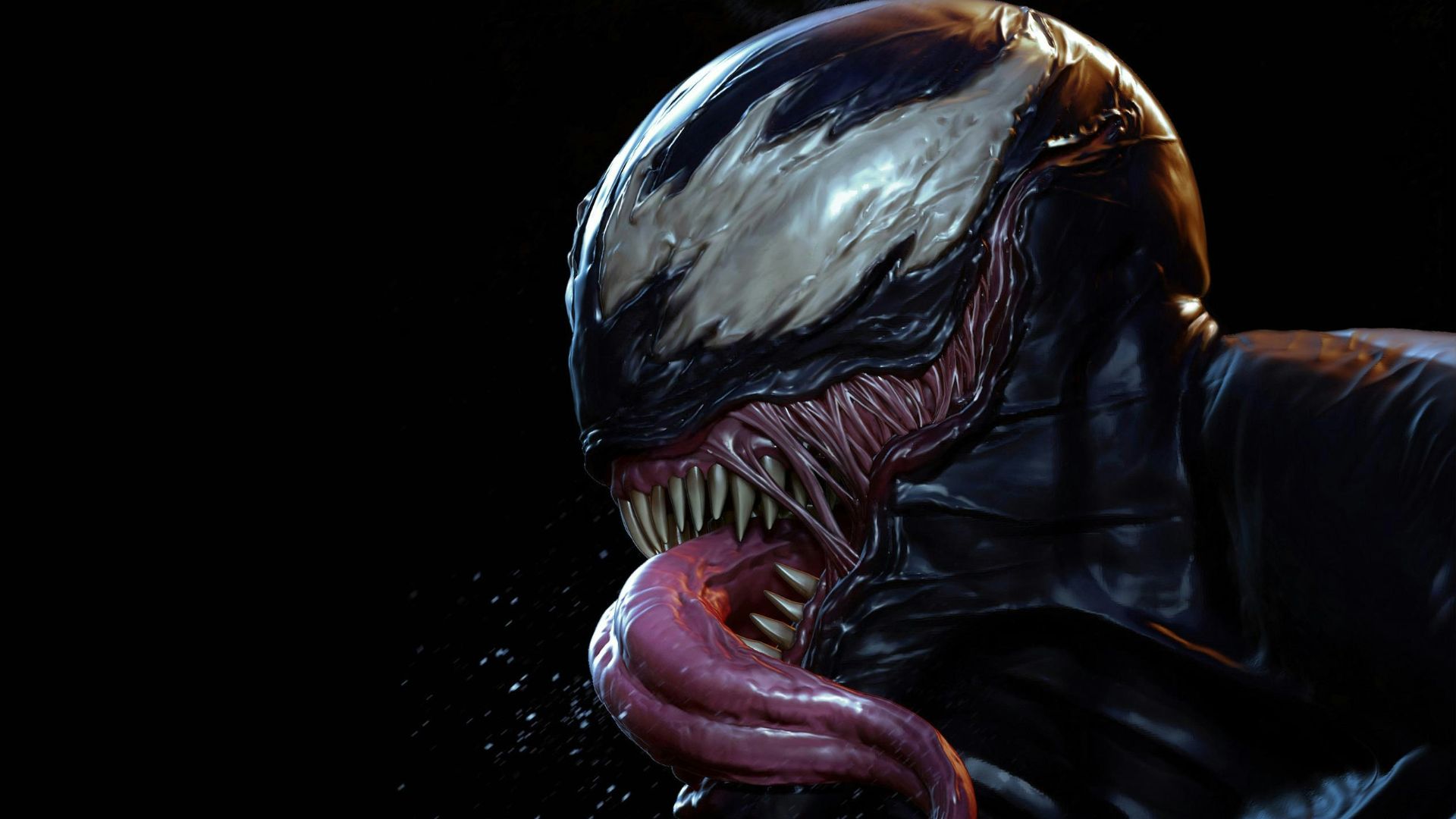 Venom with his tongue out against black background