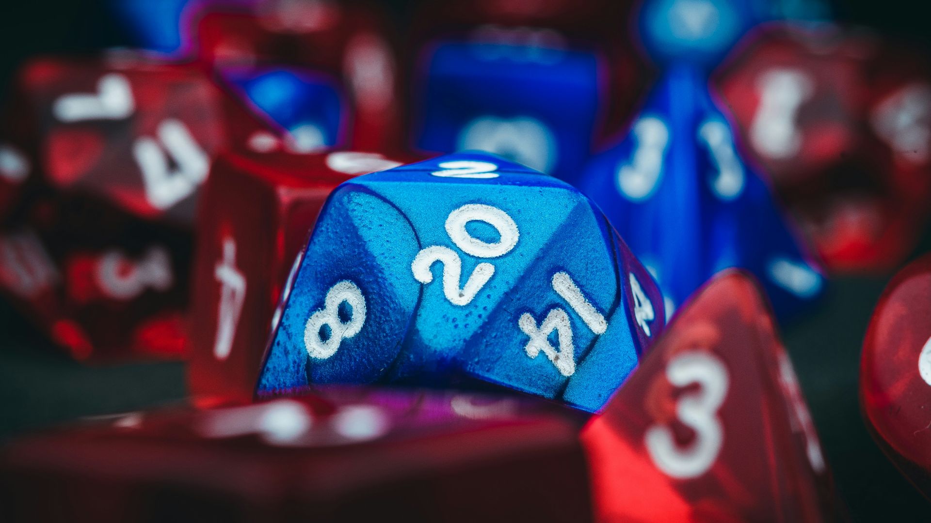 a close up of a blue and red dice