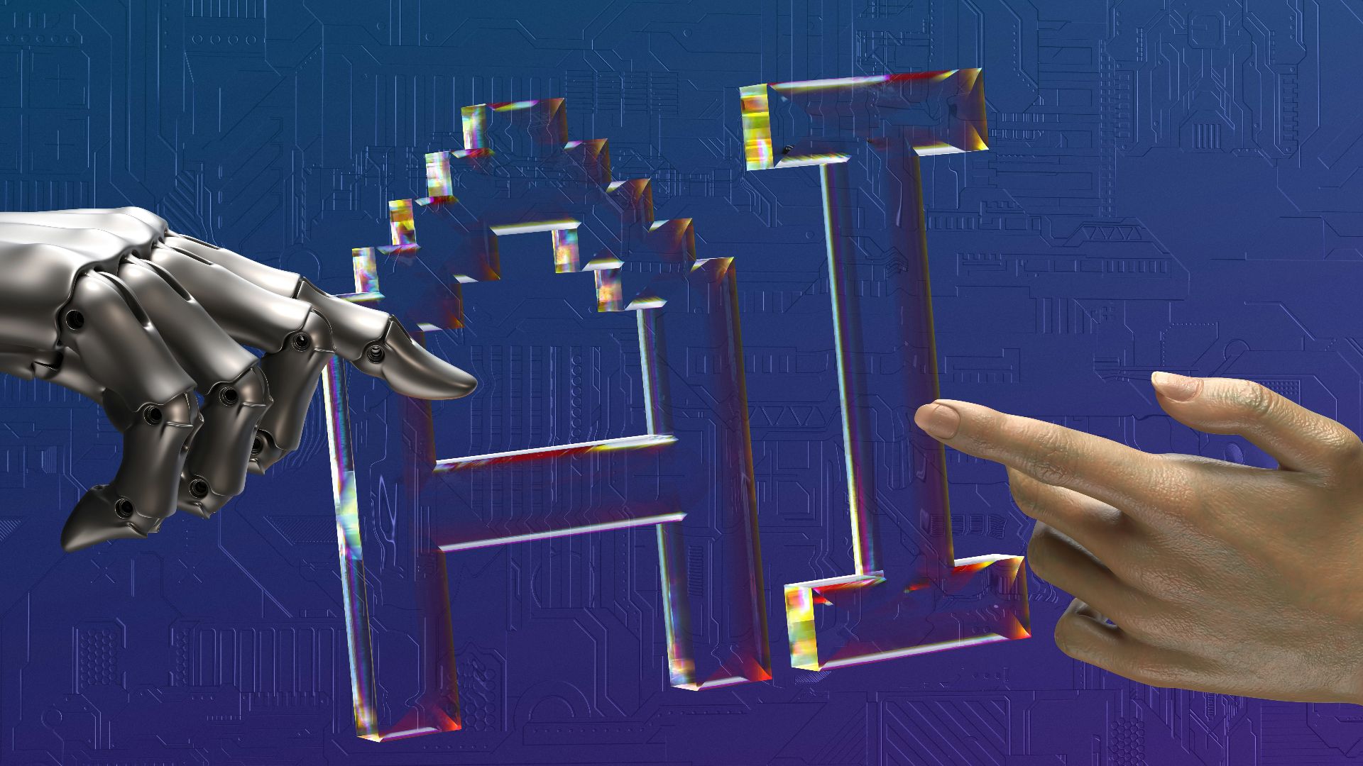 two hands touching each other in front of a blue background