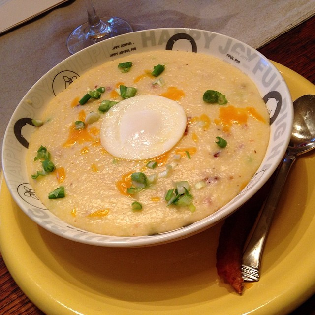 Grits With Cheese, Bacon, Green Onion And Poached Egg