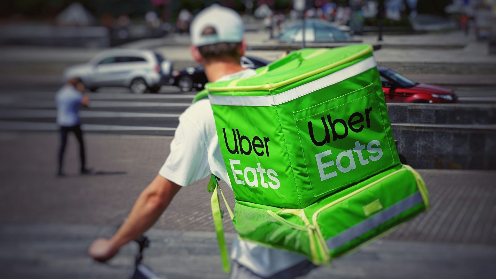 man with Uber eats backpack