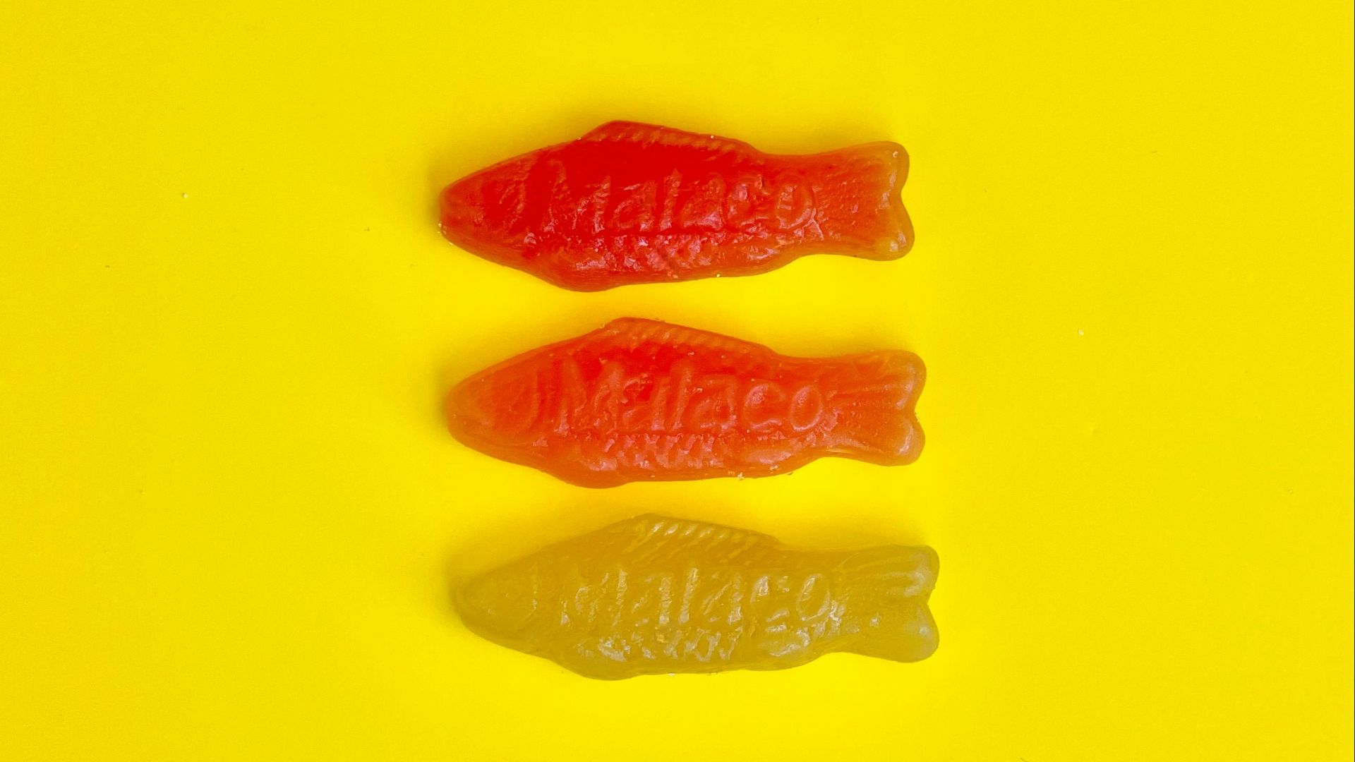 Three gummy bears sitting next to each other on a yellow background