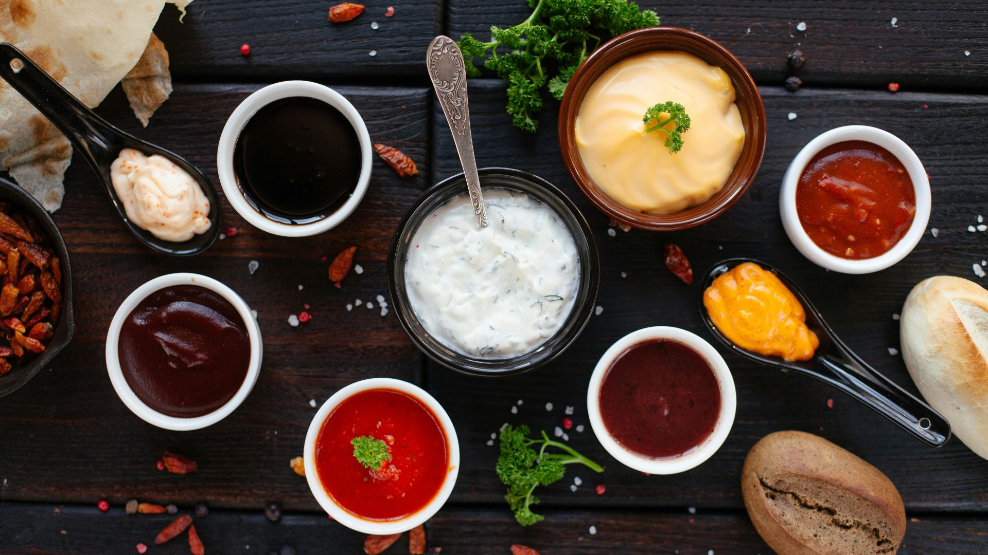 assorted spices on bowls on black wooden surface