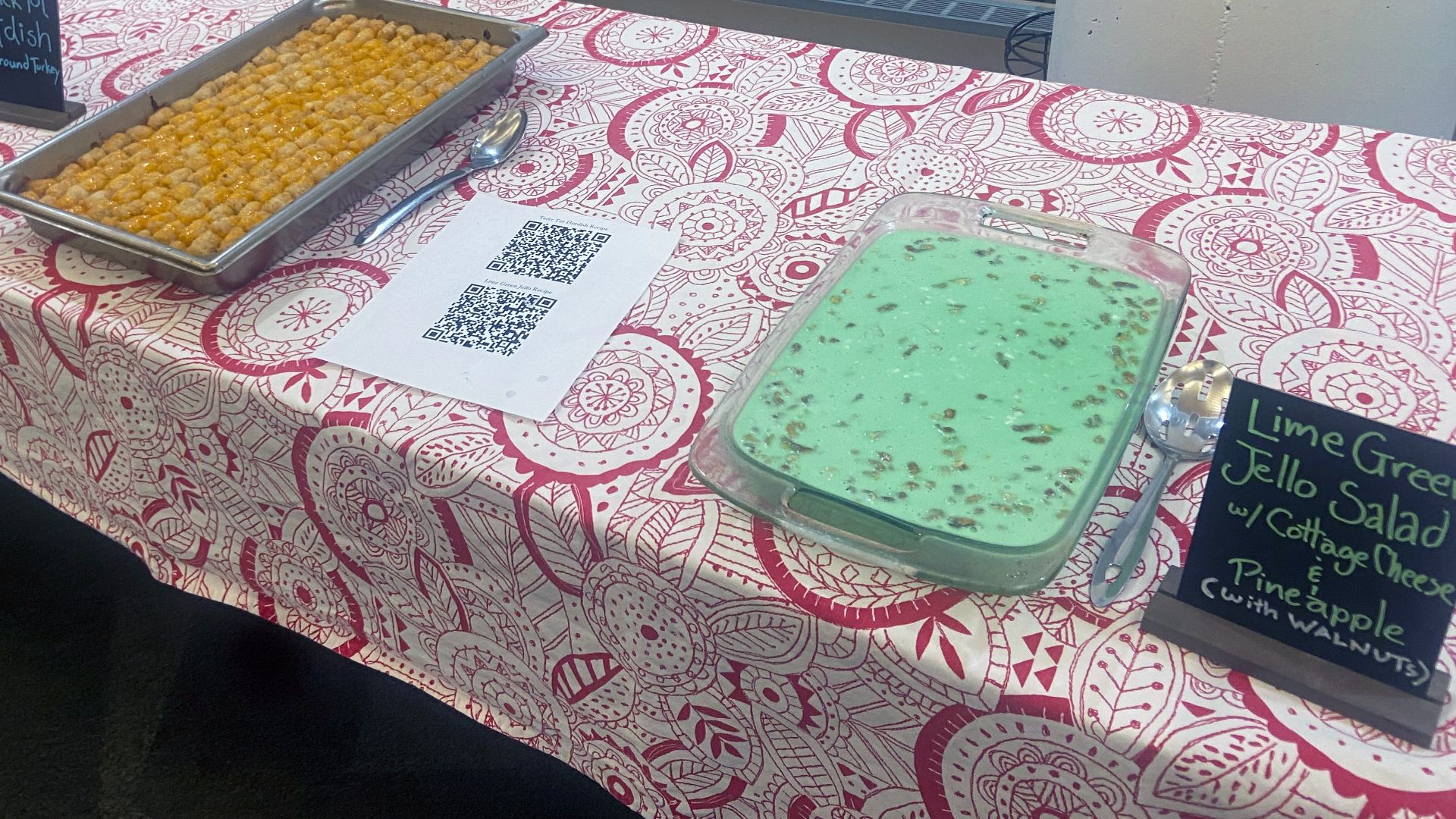 File:Table spread with Tater Tot Hotdish and Lime Green Jello Salad, 2025 Wikipedia Day-01.jpg