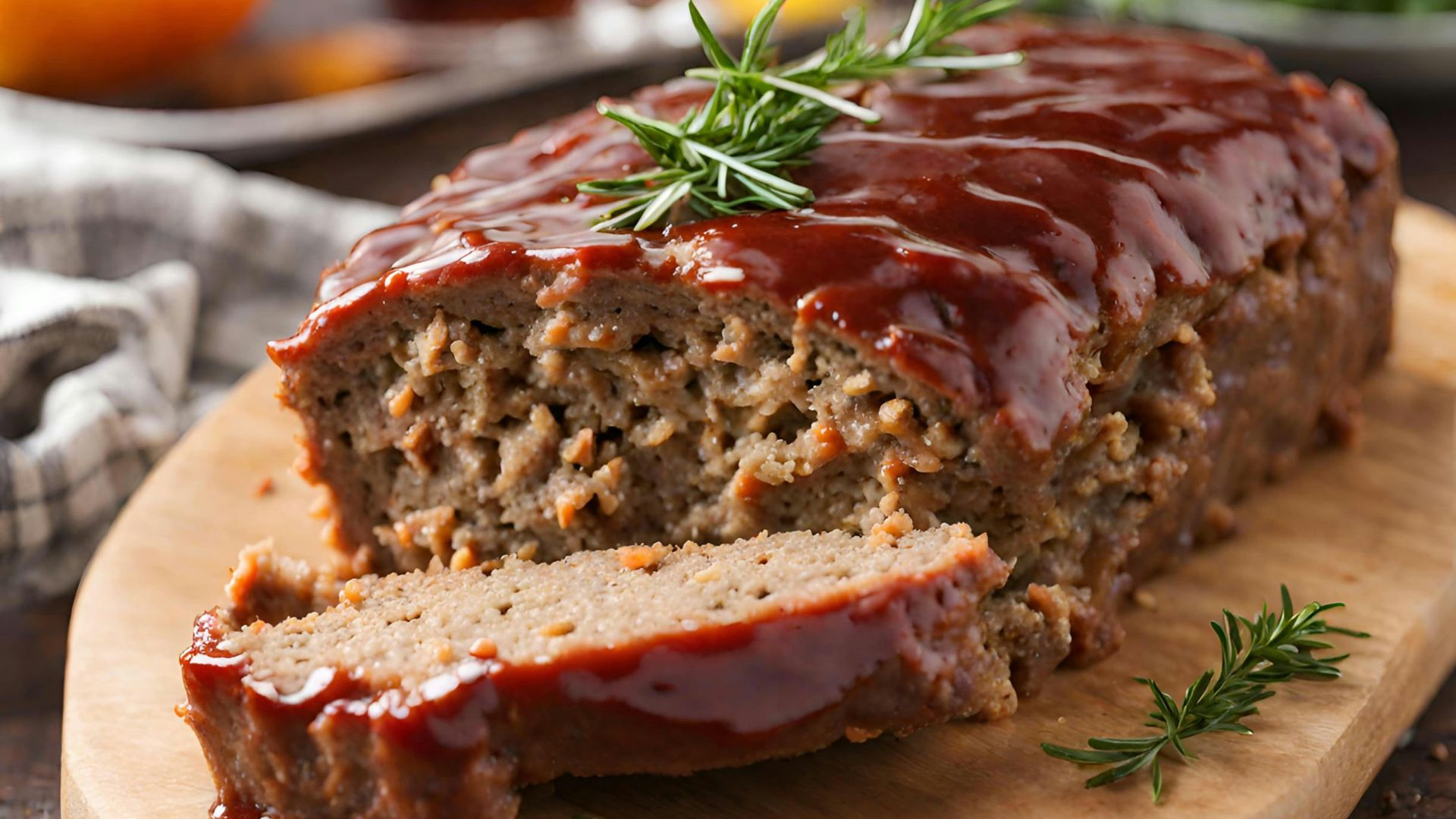 a loaf of meatloaf on a cutting board with a sprig of