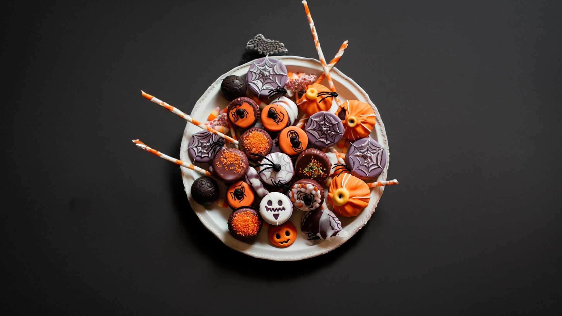 a plate of halloween candies on a black table