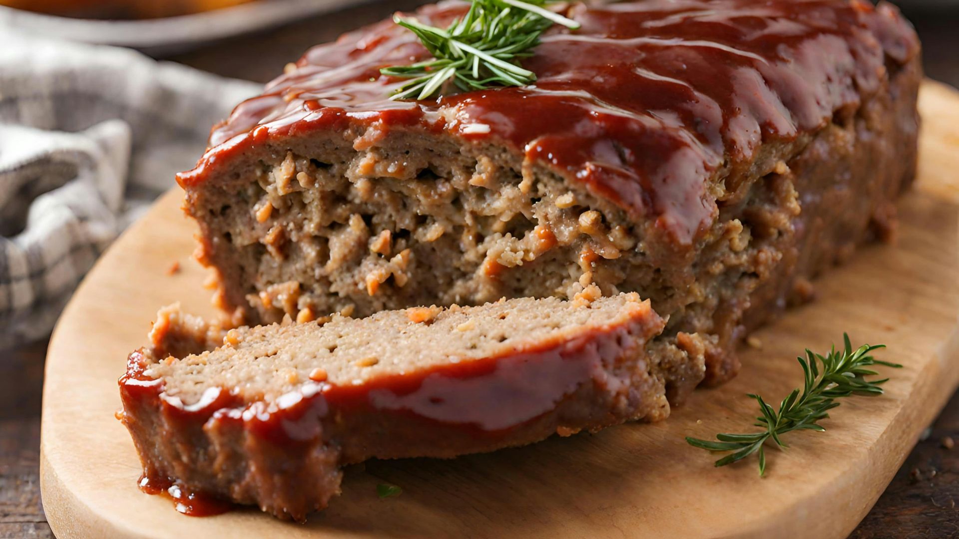 a loaf of meatloaf on a cutting board with a sprig of