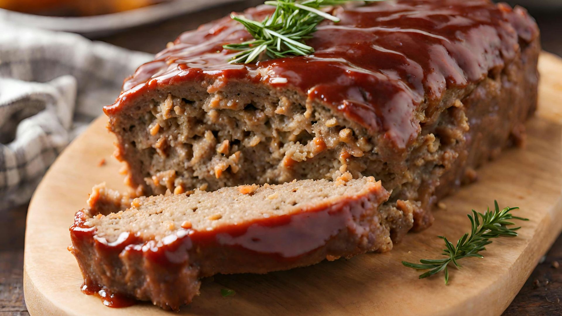 a loaf of meatloaf on a cutting board with a sprig of