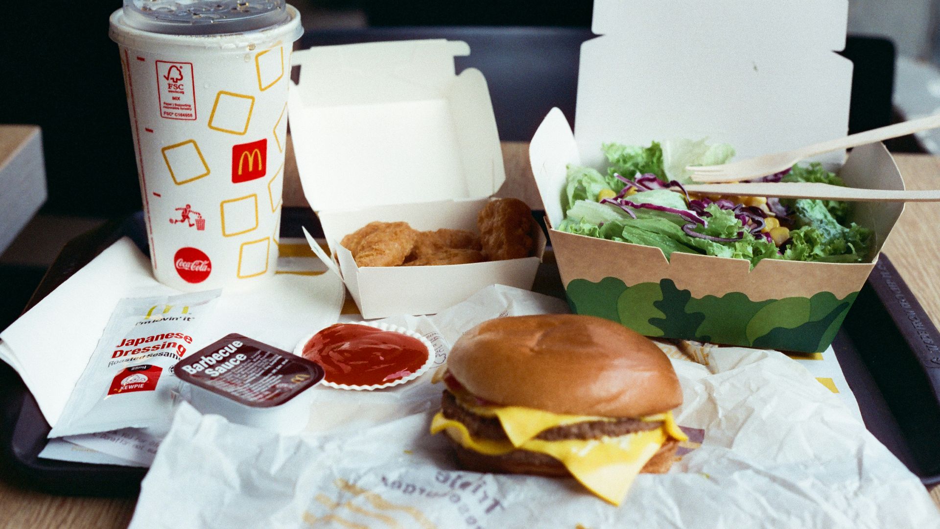 A mcdonald's meal with various food items.