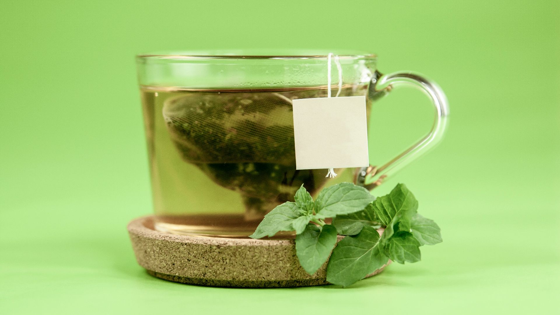 clear glass mug with green leaves