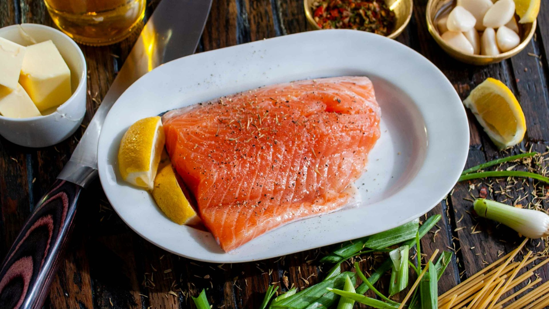 flat lay photography of raw salmon fish