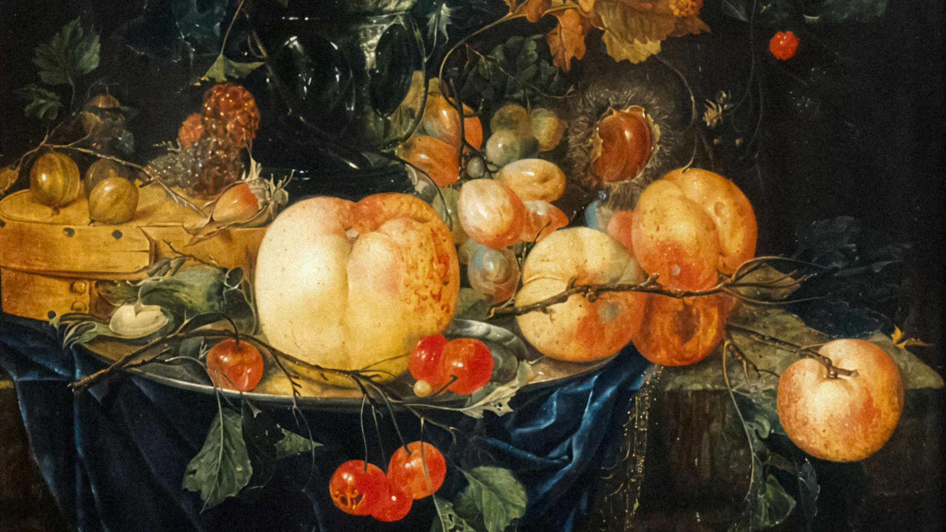 a painting of fruit on a table with a vase