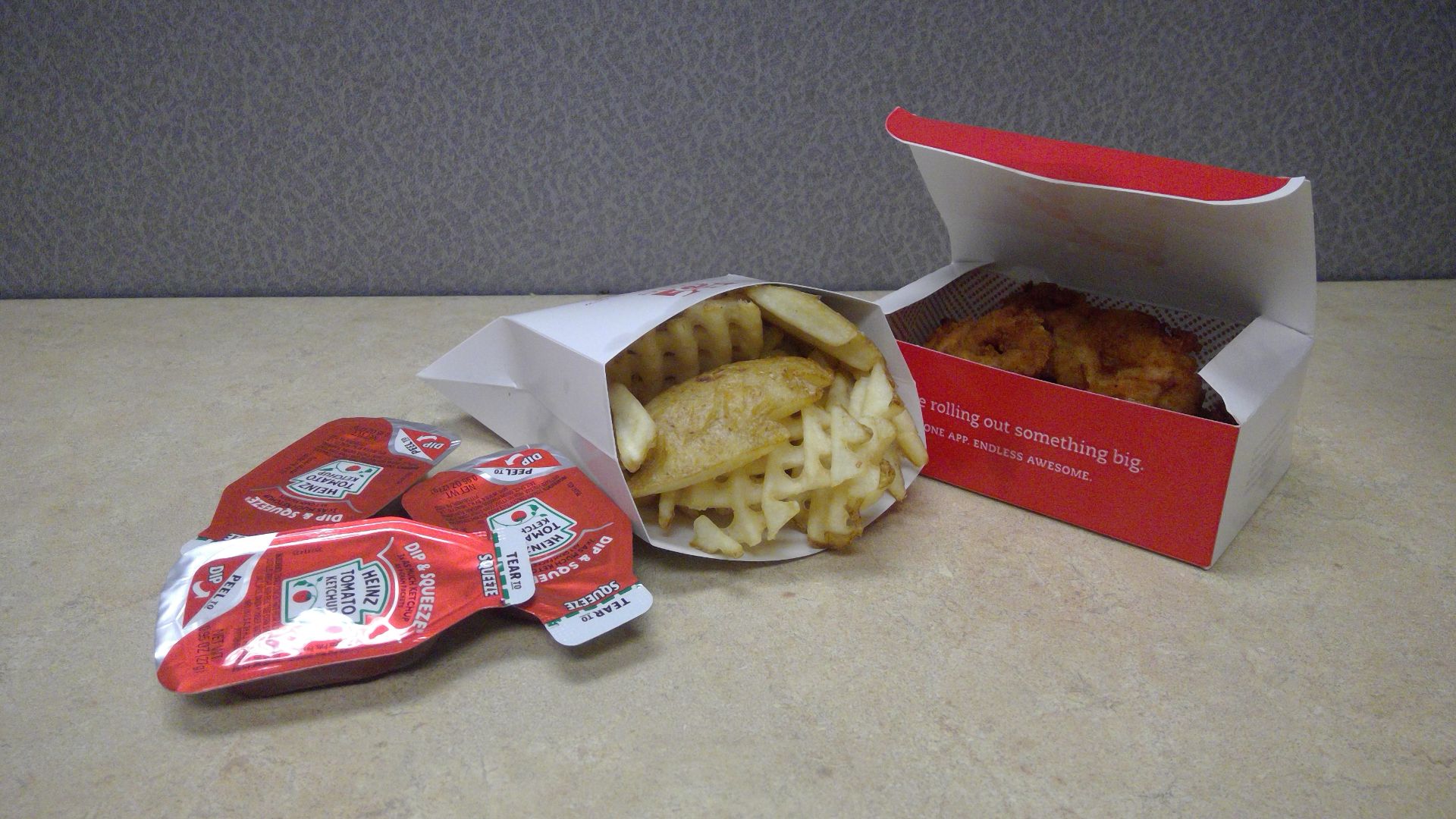 File:Chick-fil-A chicken strips, waffle fries, and ketchup packets.jpg