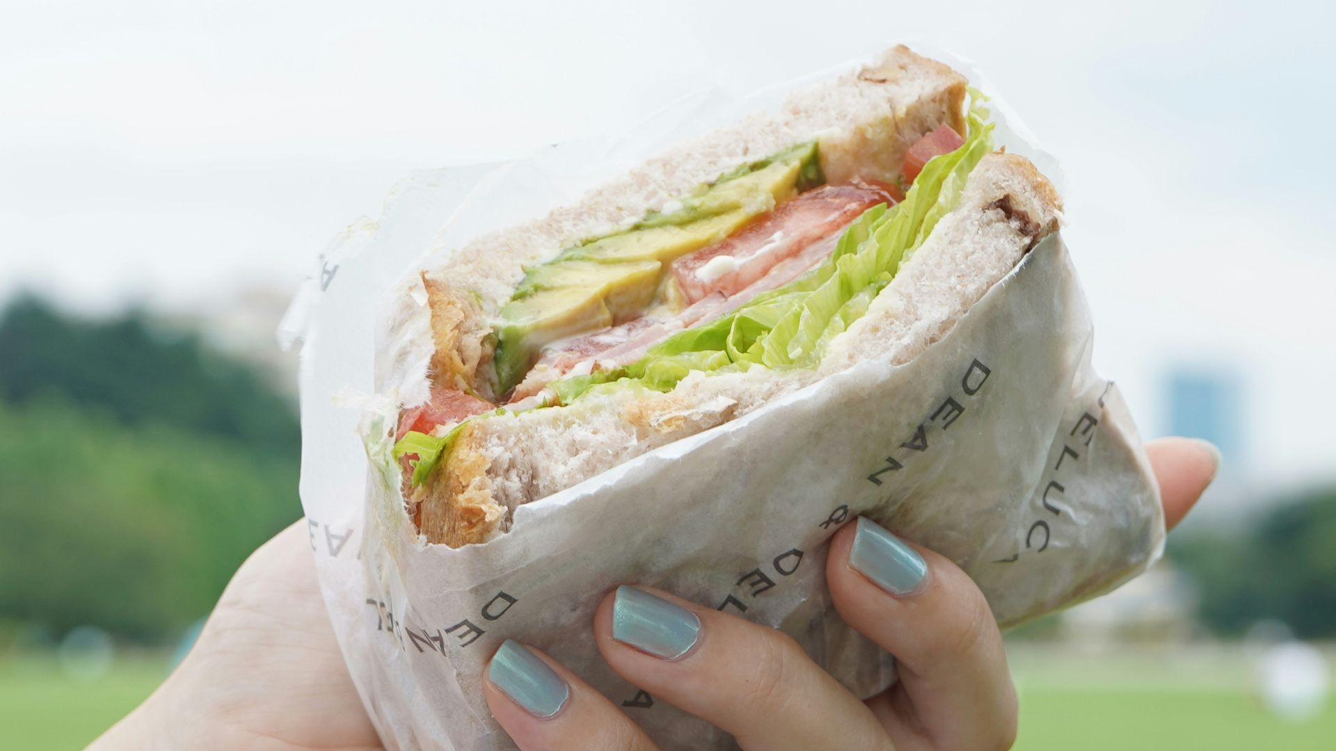 a person holding a sandwich