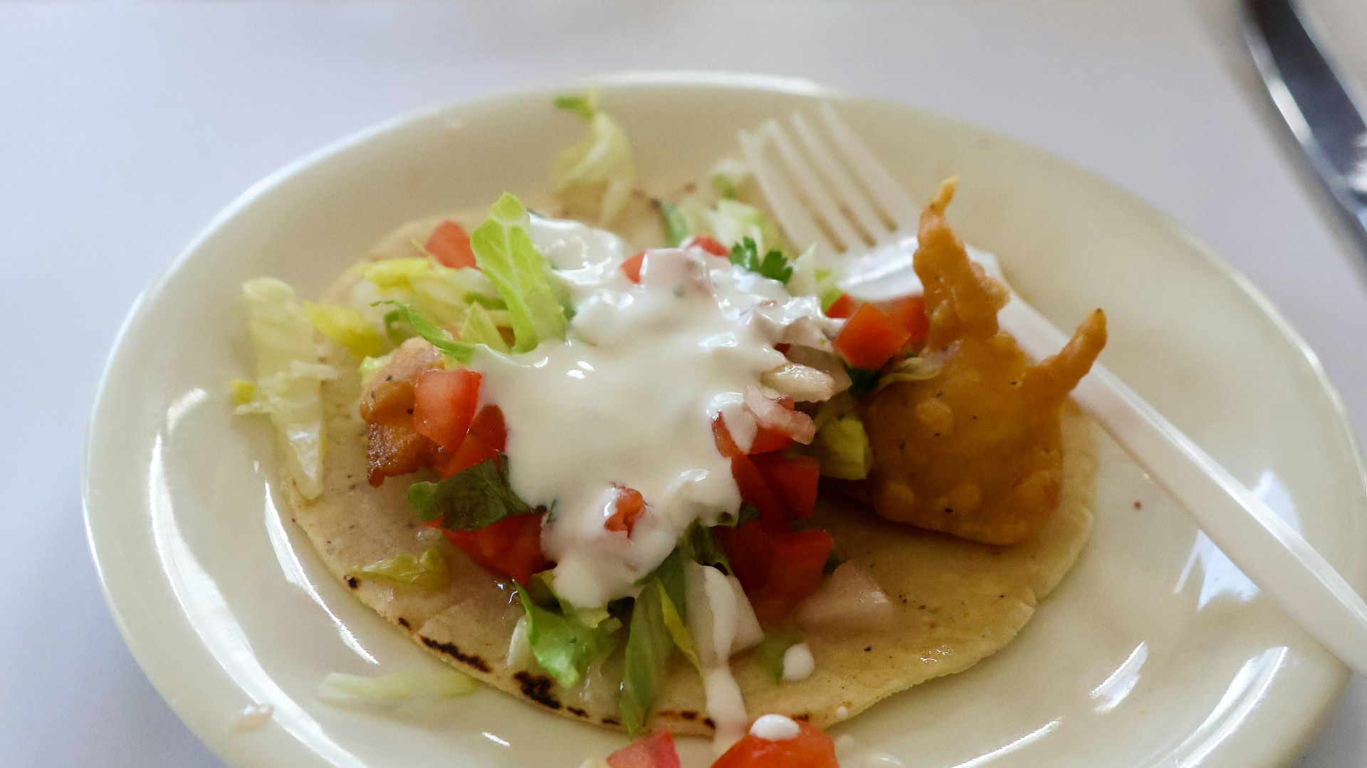 a white plate topped with a taco and a fork