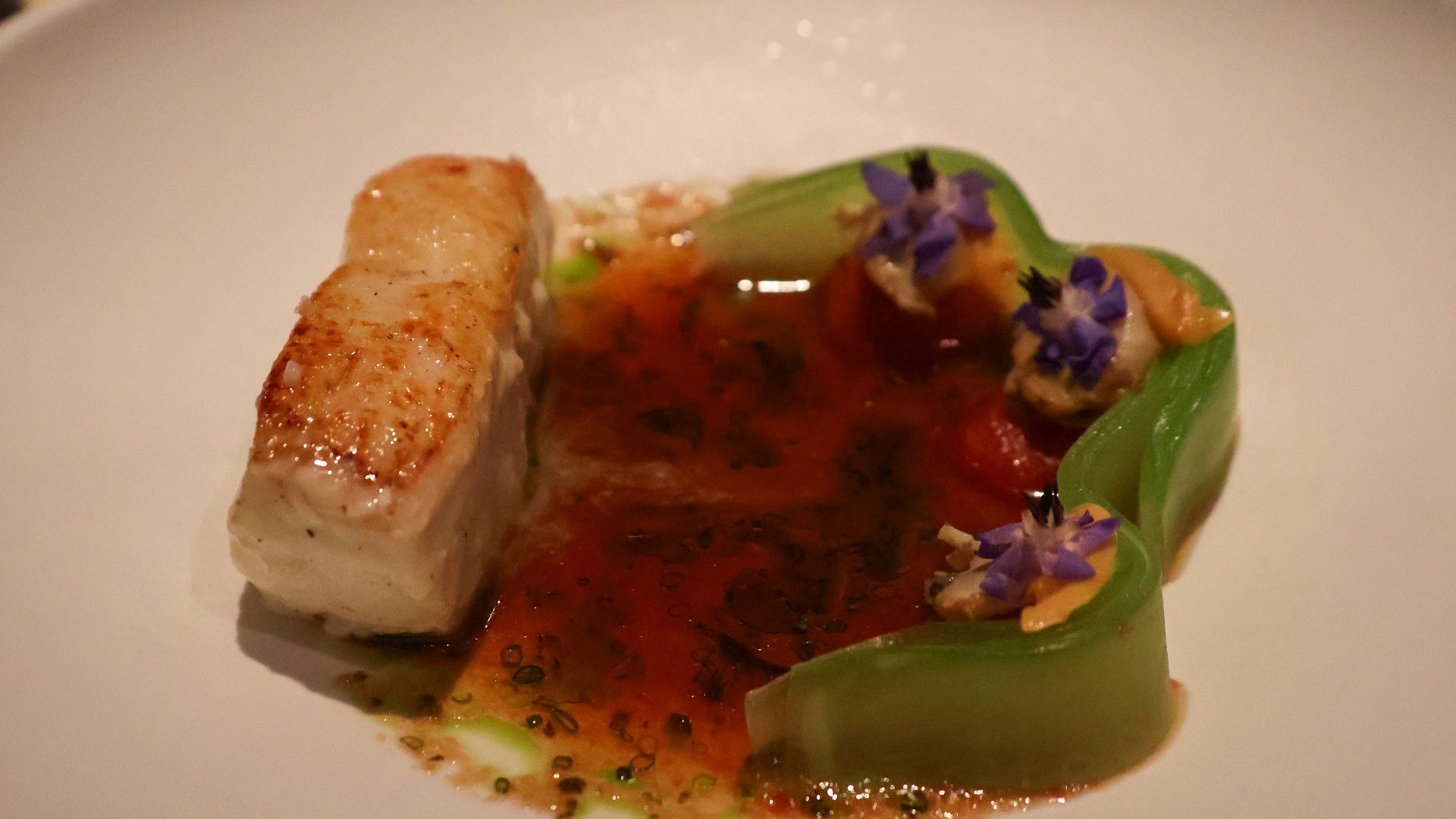 A white plate topped with a piece of meat covered in sauce