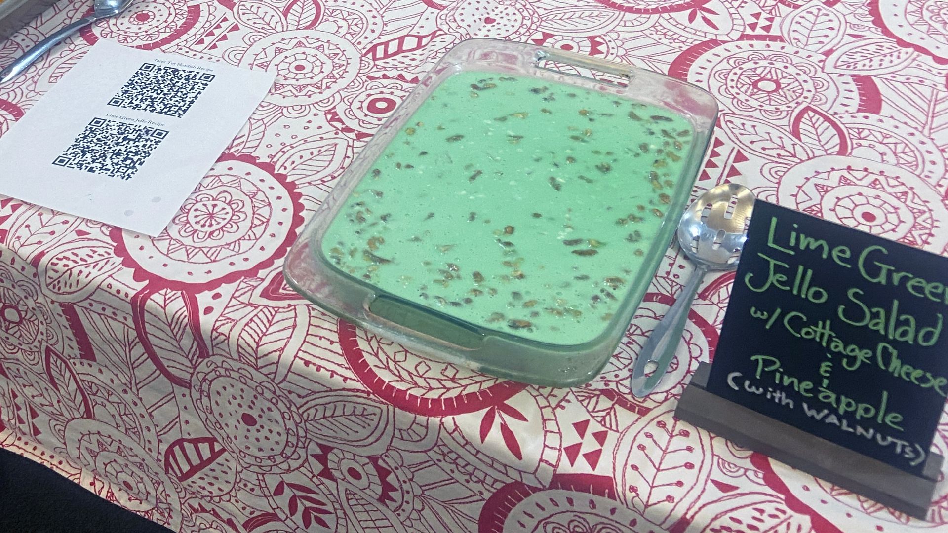 File:Table spread with Tater Tot Hotdish and Lime Green Jello Salad, 2025 Wikipedia Day-01.jpg