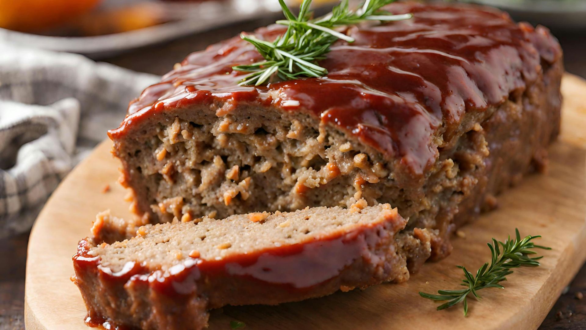 a loaf of meatloaf on a cutting board with a sprig of