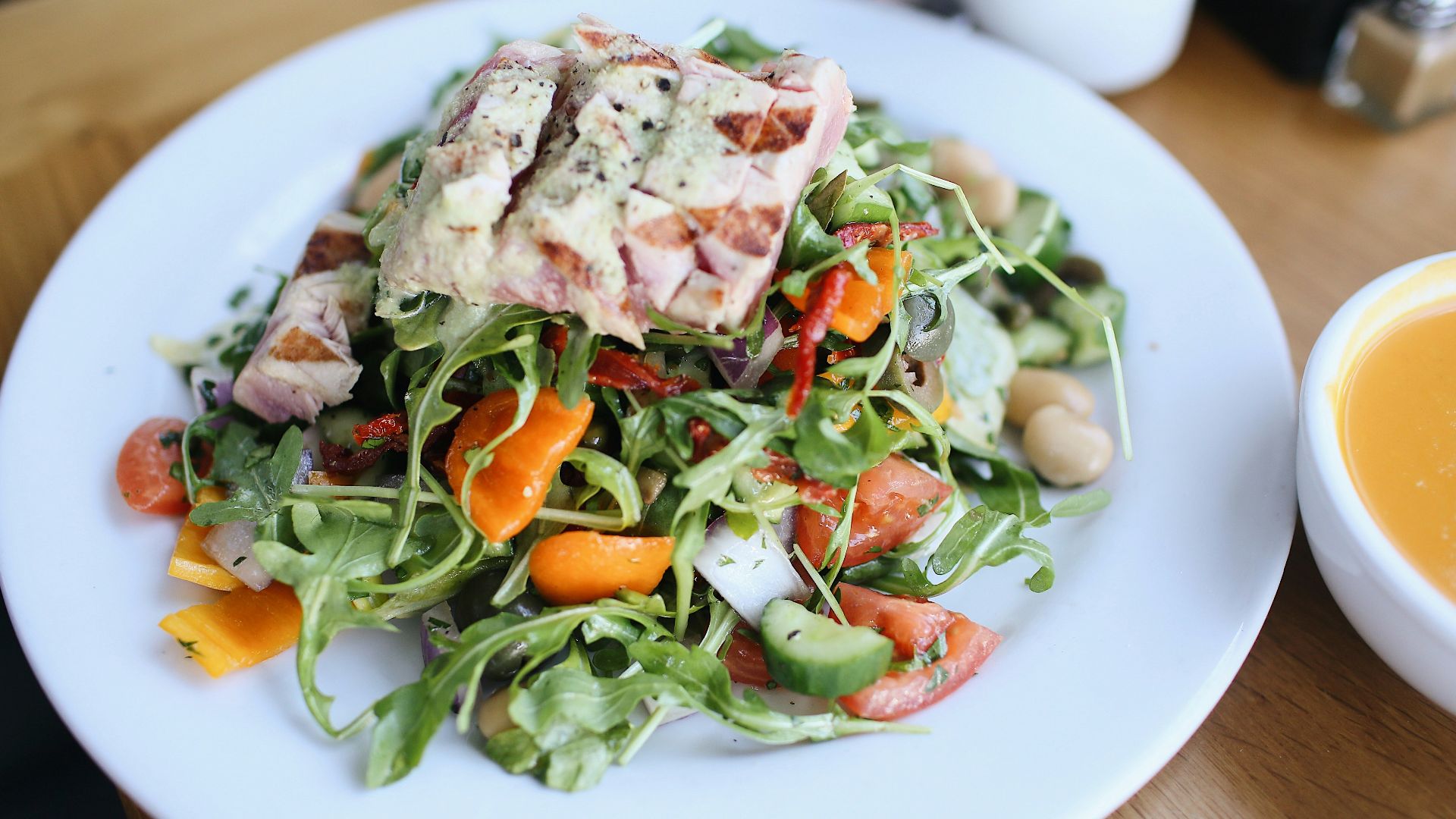 plate of food on wooden surface