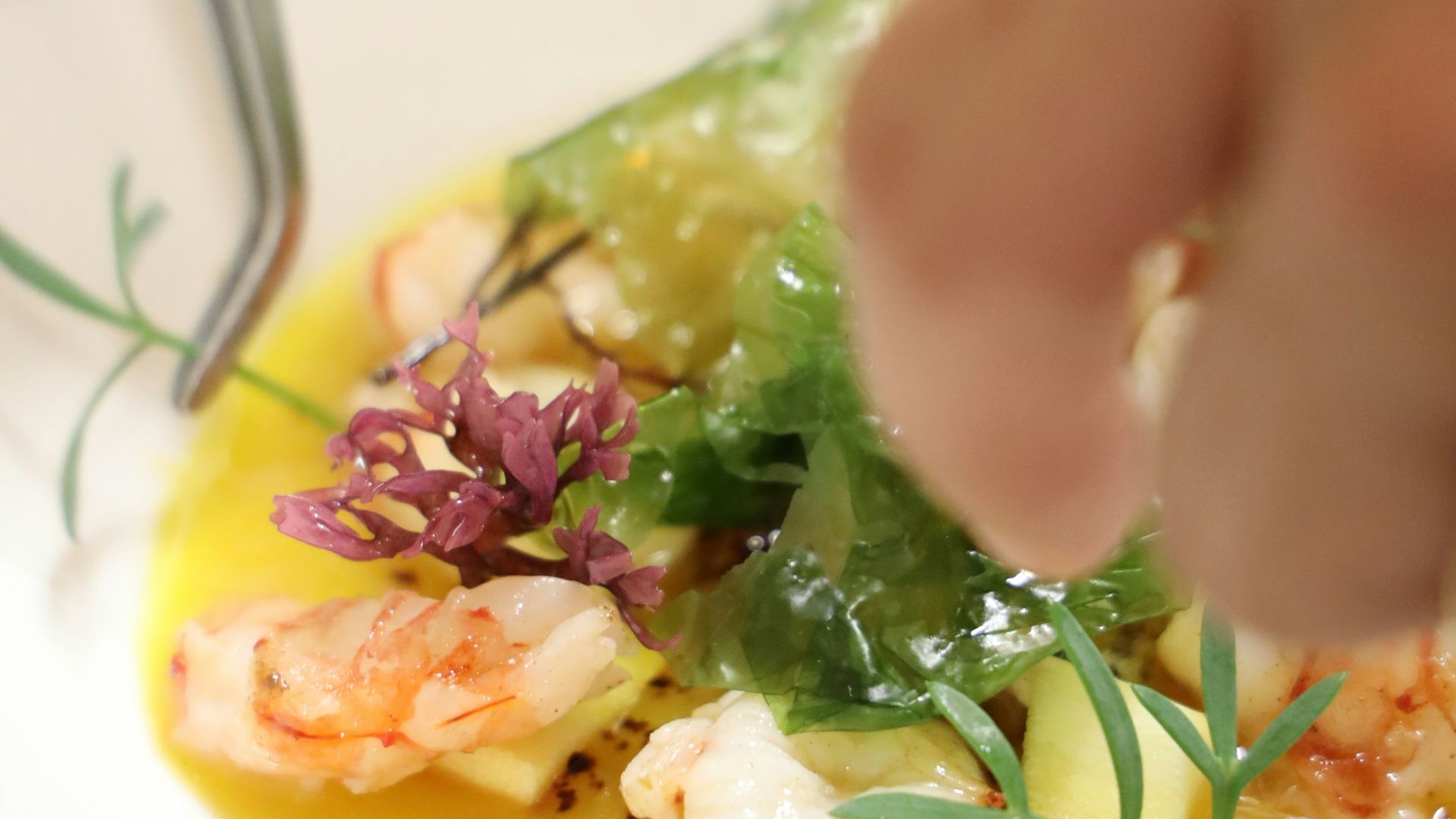 A chef finishes plating a beautiful appetizer.