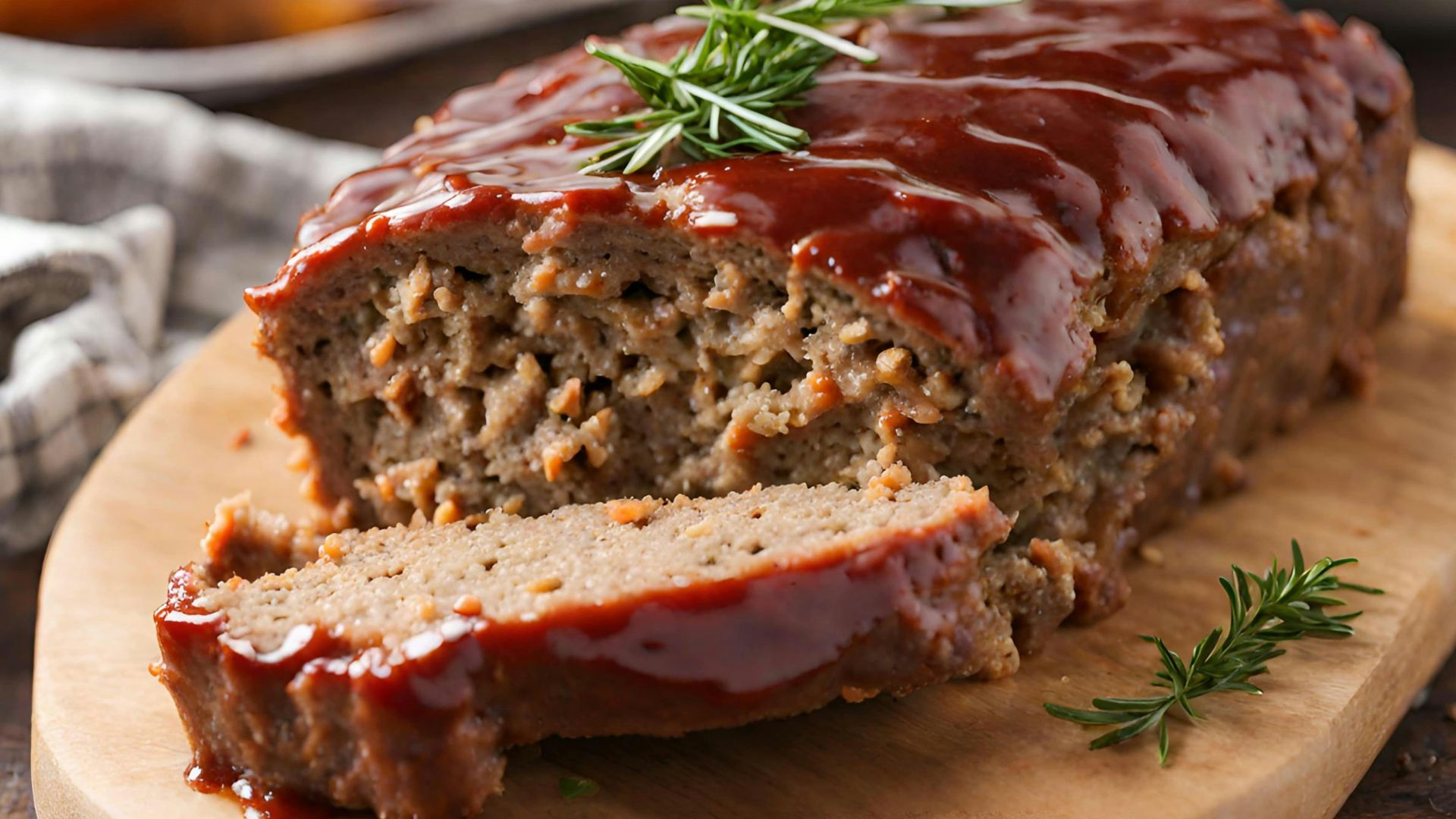 a loaf of meatloaf on a cutting board with a sprig of