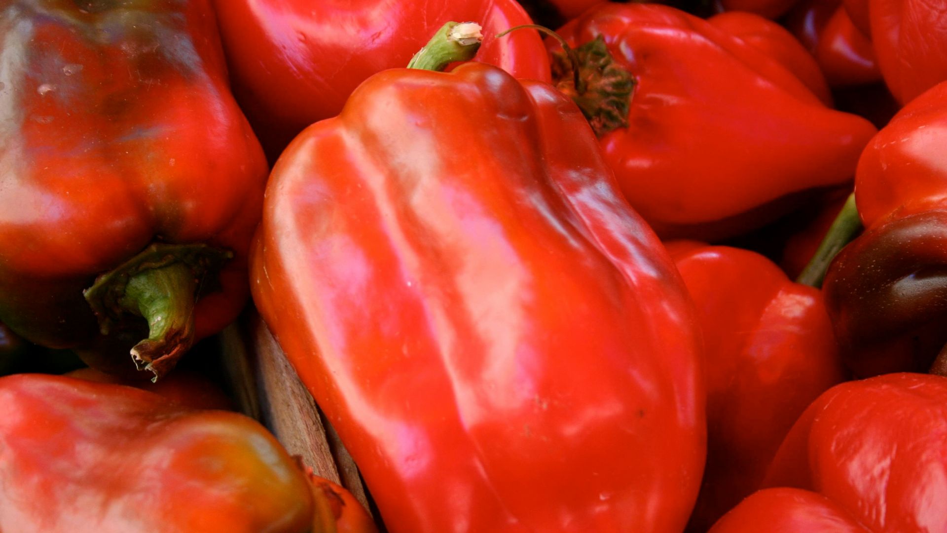 a pile of red peppers sitting next to each other