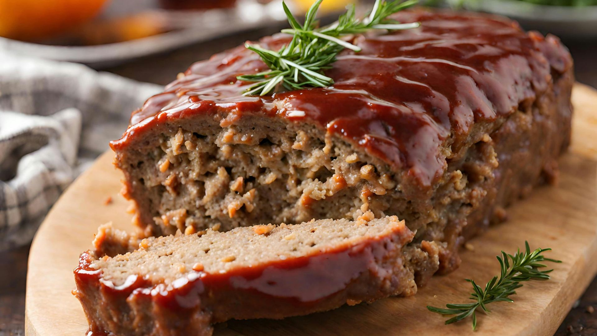 a loaf of meatloaf on a cutting board with a sprig of