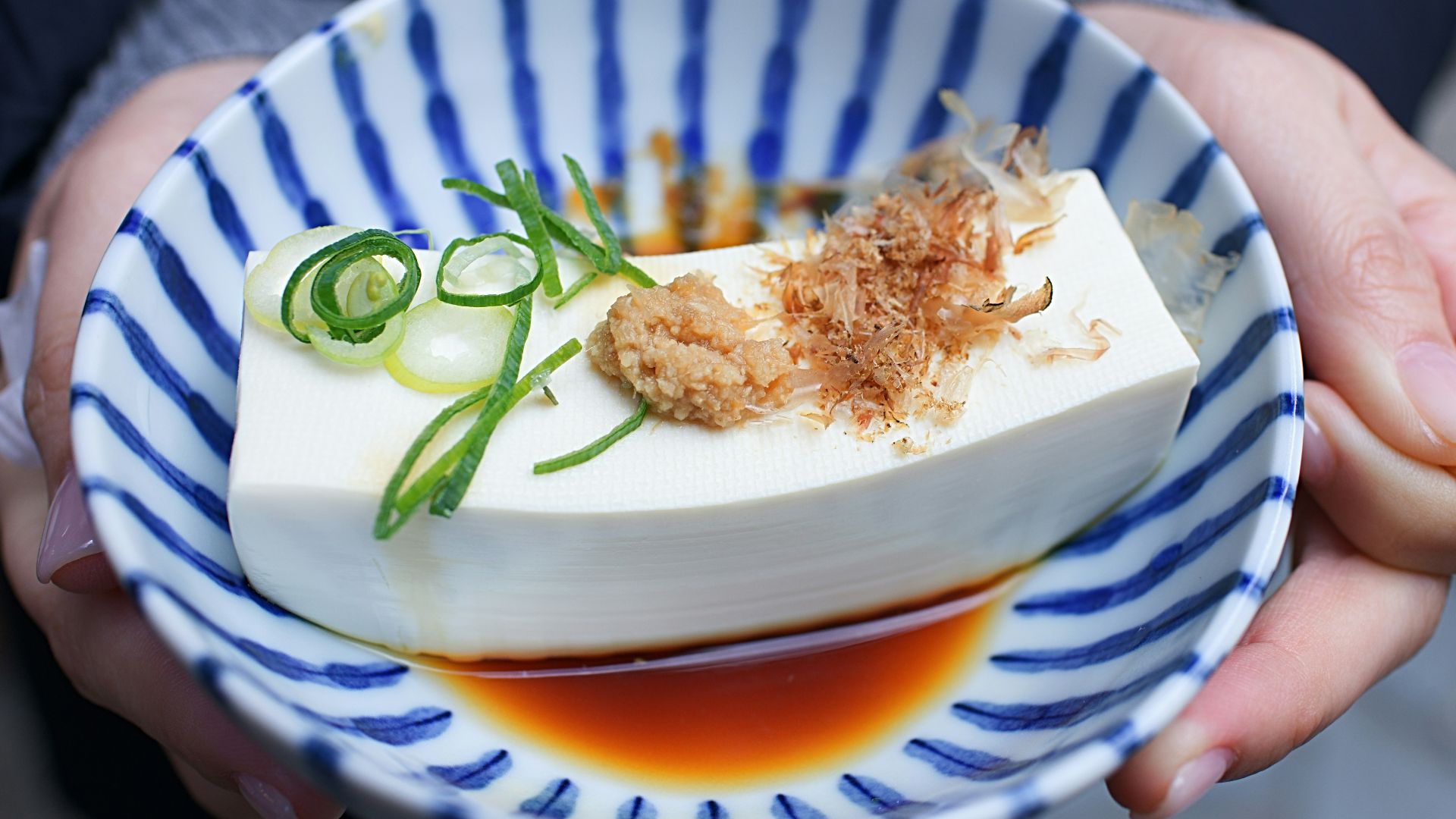 person holding white and blue ceramic plate with rice and sliced cucumber