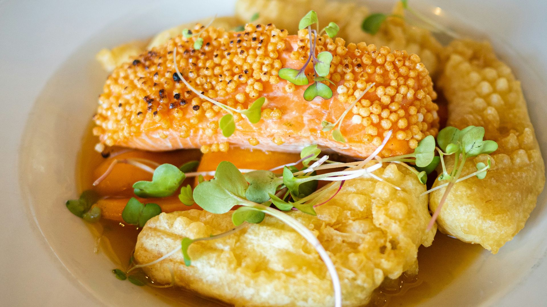 white ceramic plate with brown and white food