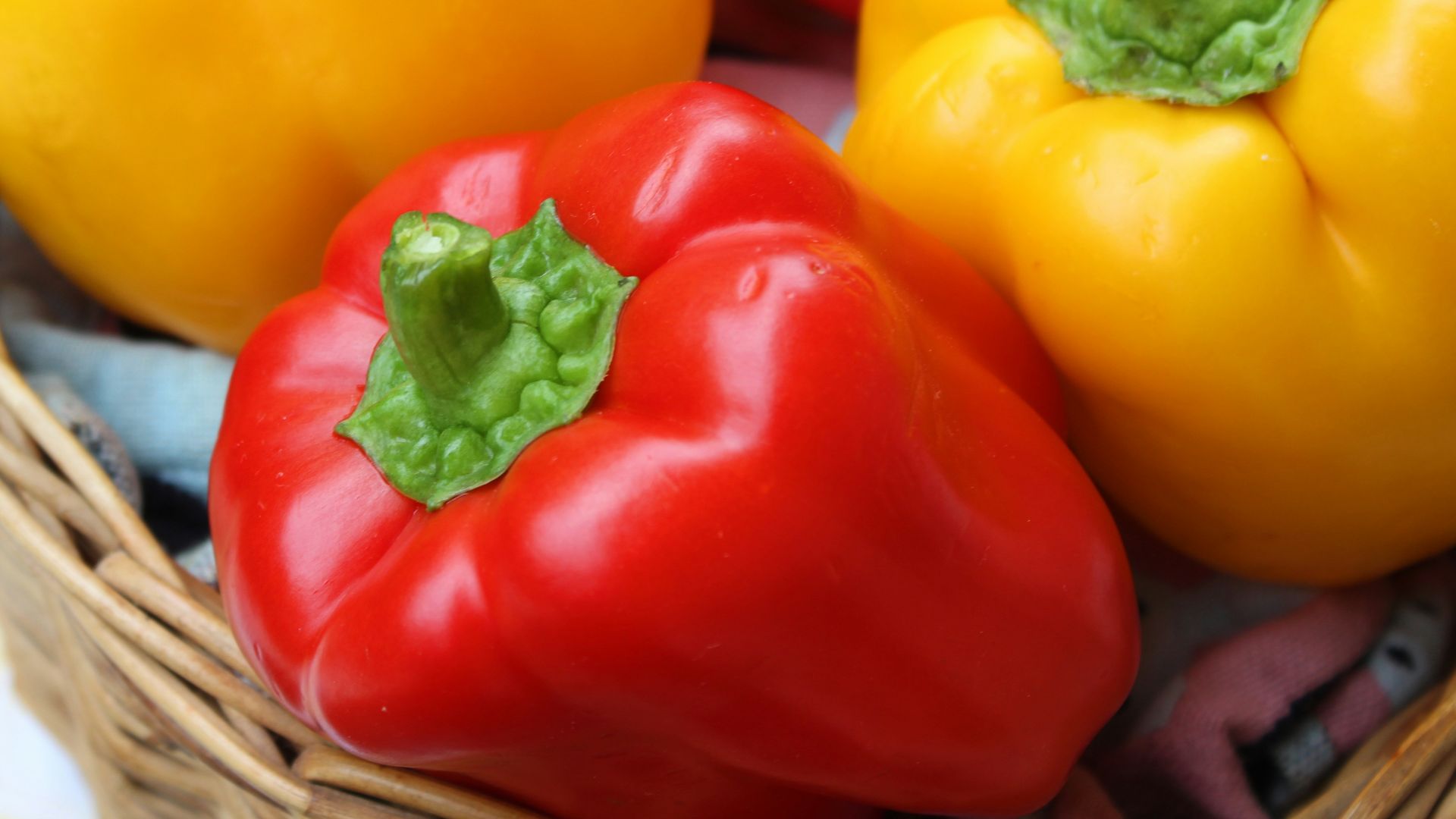 red and yellow bell peppers in brown woven basket
