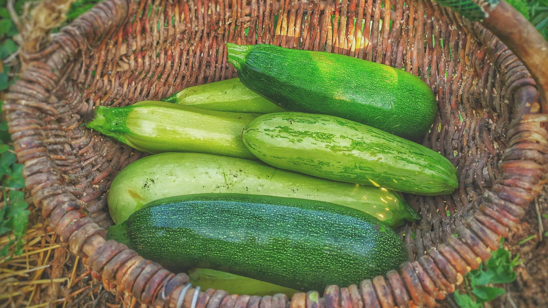 green cucumbers on round brown wicker basket
