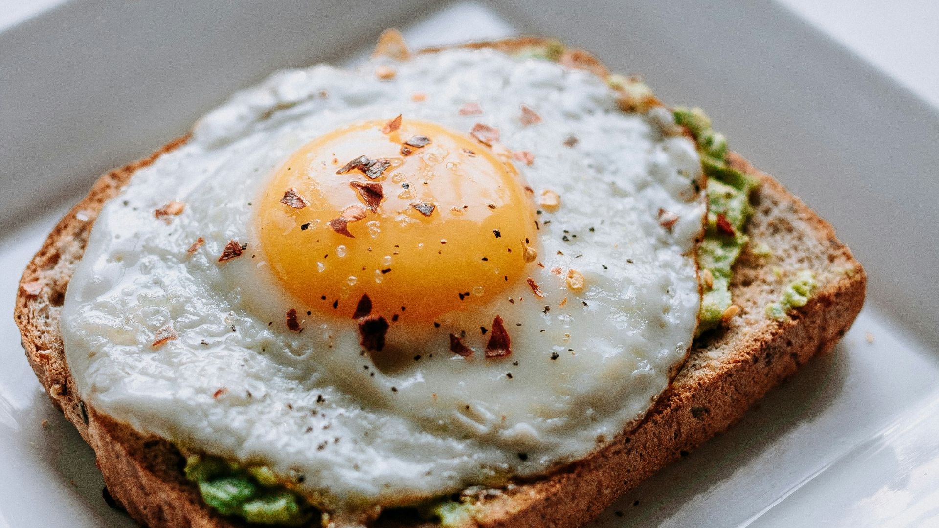bread with sunny side-up egg served on white ceramic plate