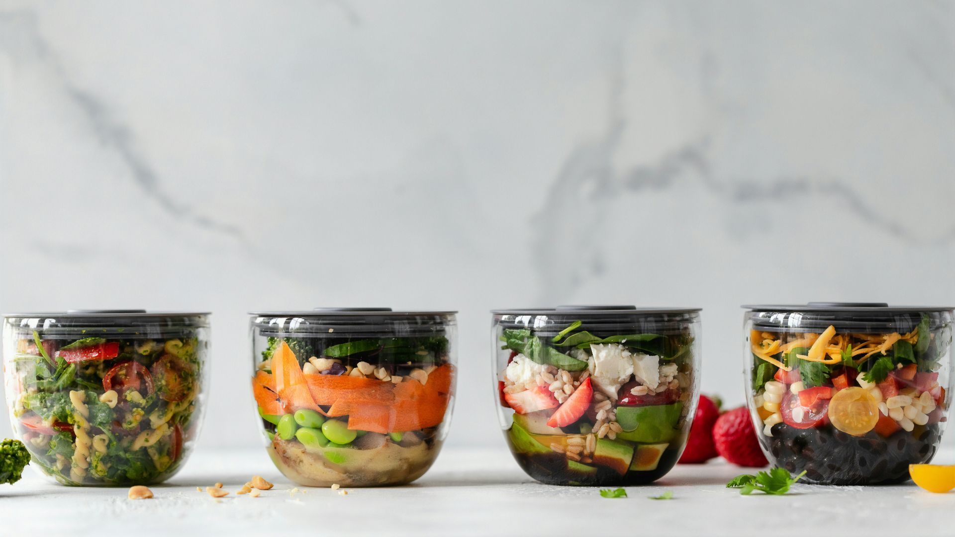 four clear plastic bowls with vegetables