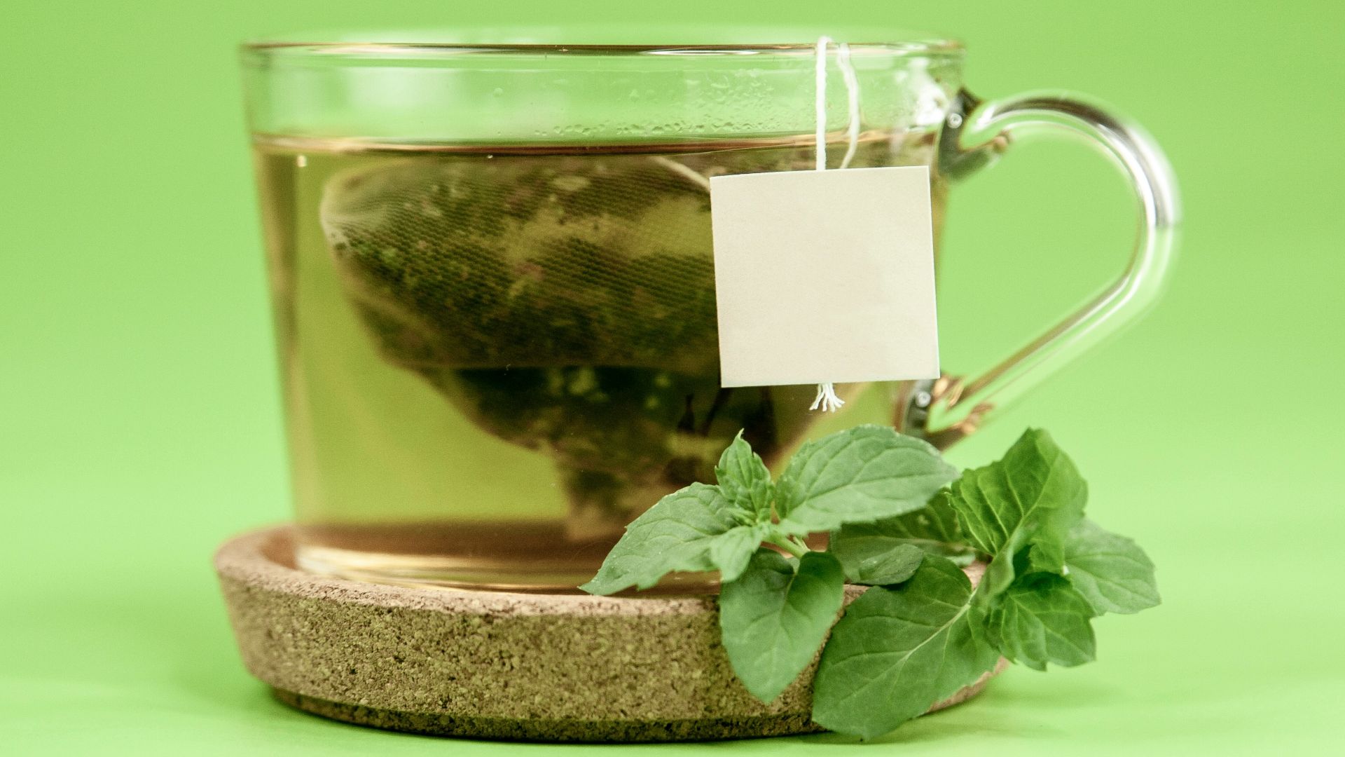 clear glass mug with green leaves