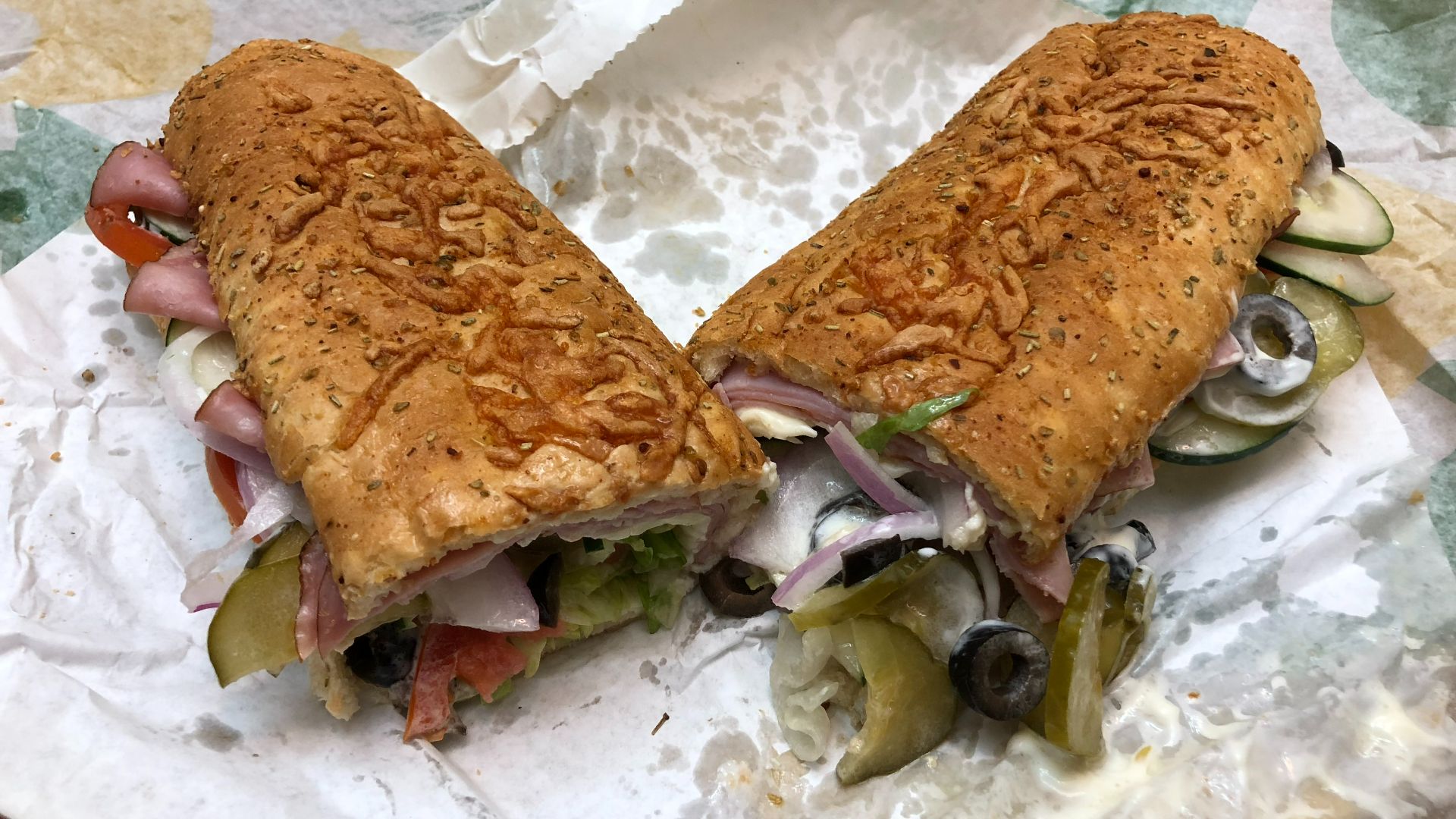 File:2019-10-19 19 31 55 A black forest ham foot-long sandwich from Subway with American cheese, black olives, cucumbers, lettuce, pickles, tomatoes, red onions, regular mayonnaise, oil, red wine vinegar.jpg