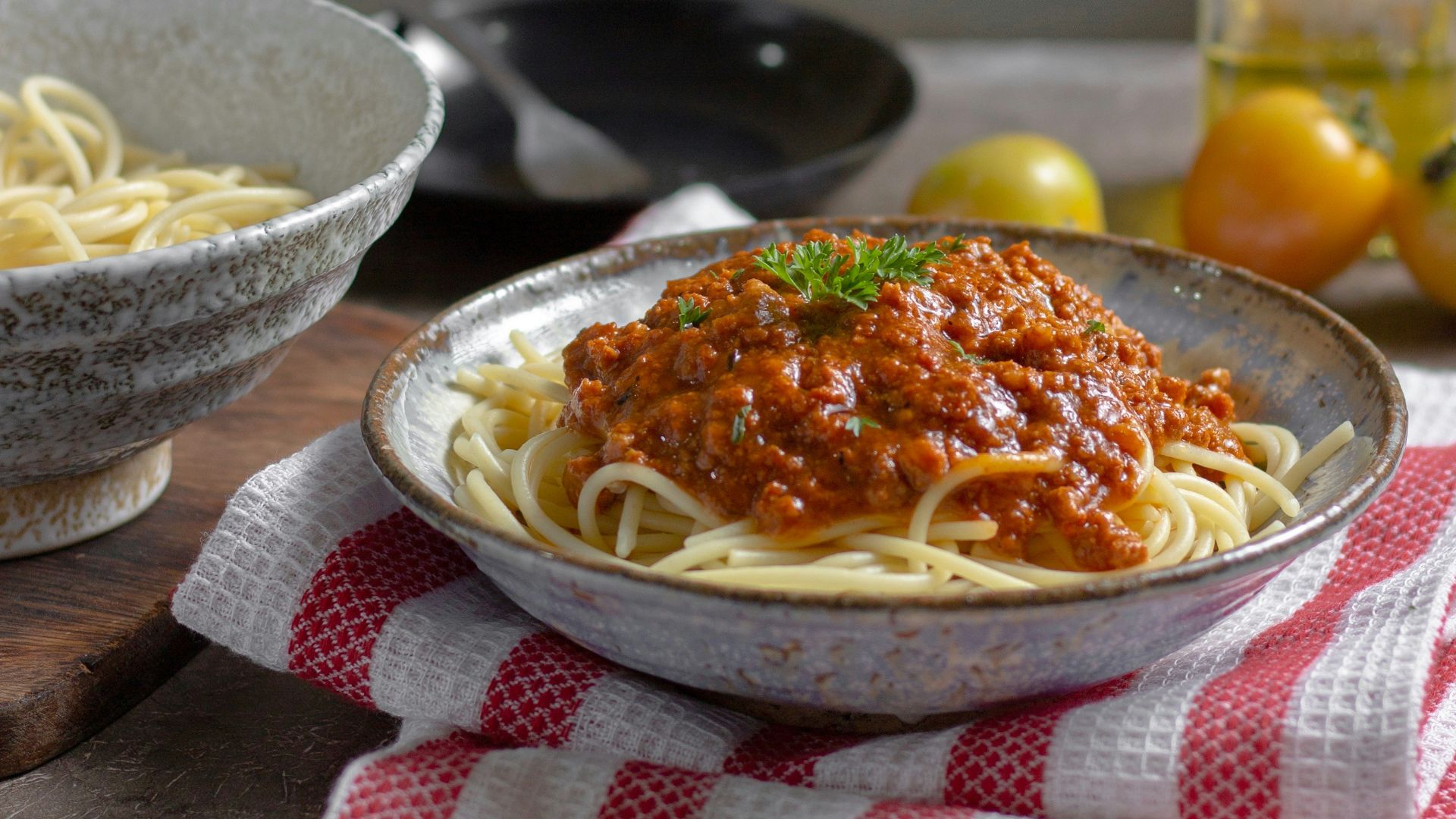 pasta with paste in gray bowl