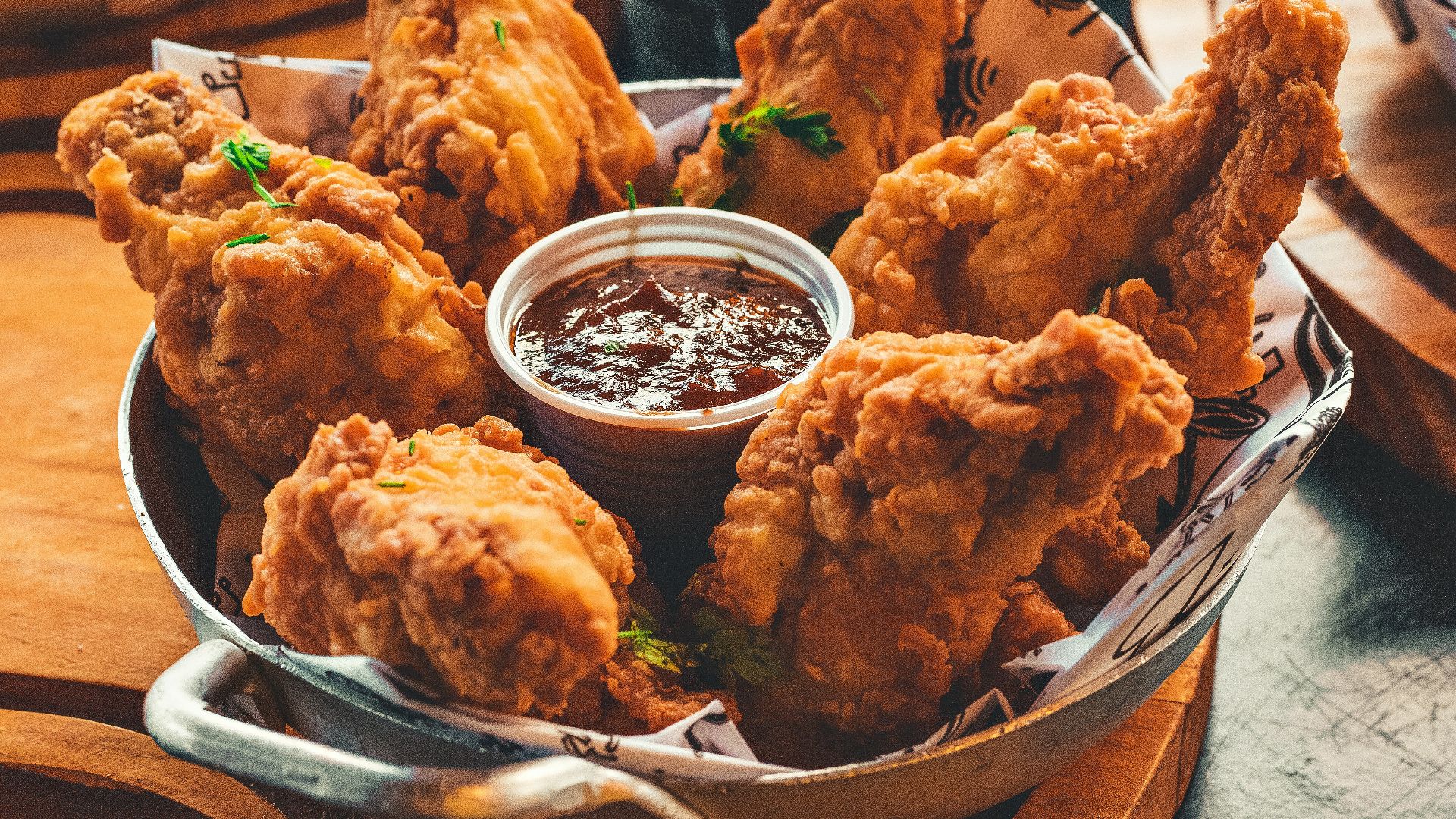 fried chicken on stainless steel tray