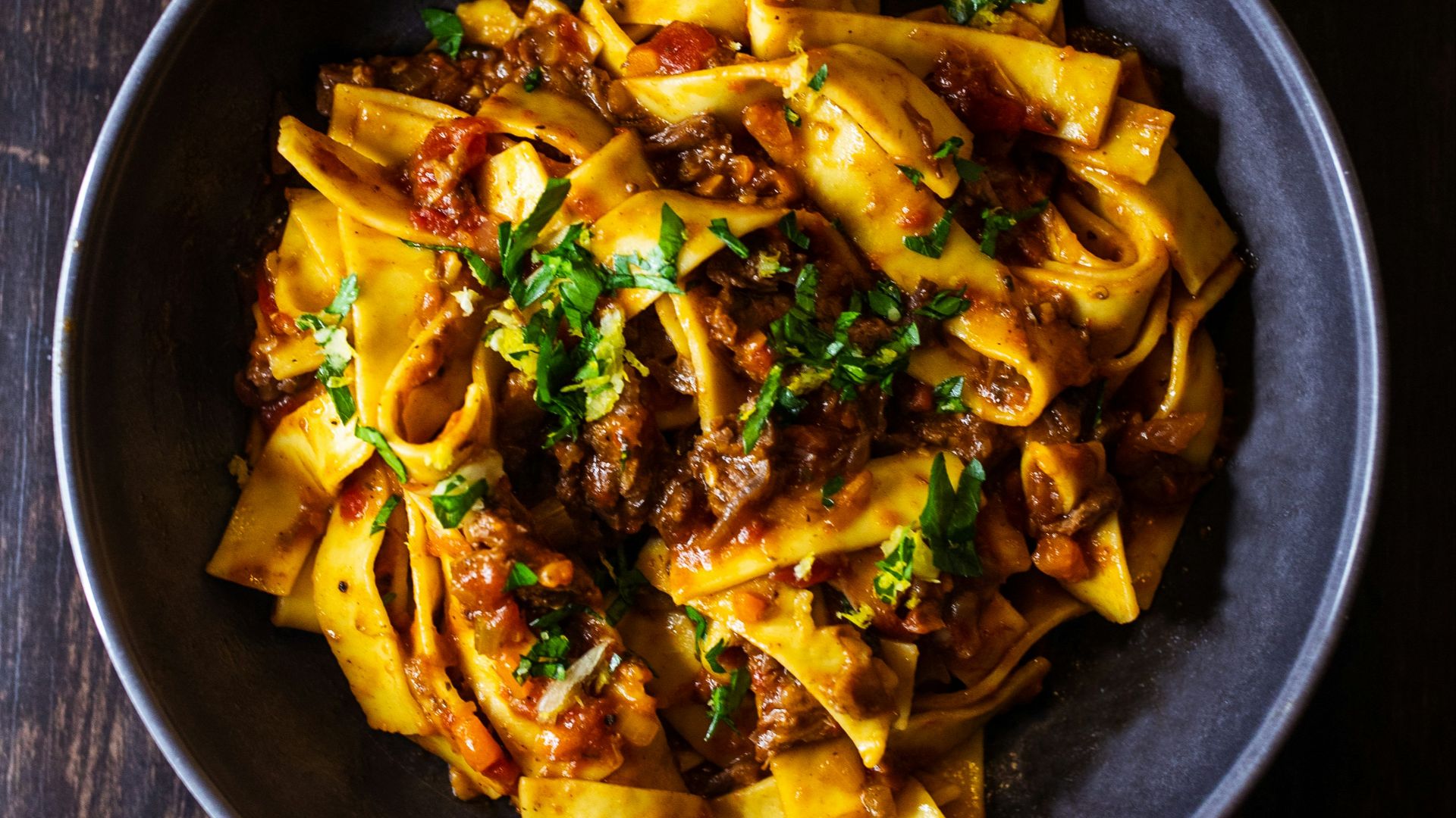pasta dish on black ceramic bowl