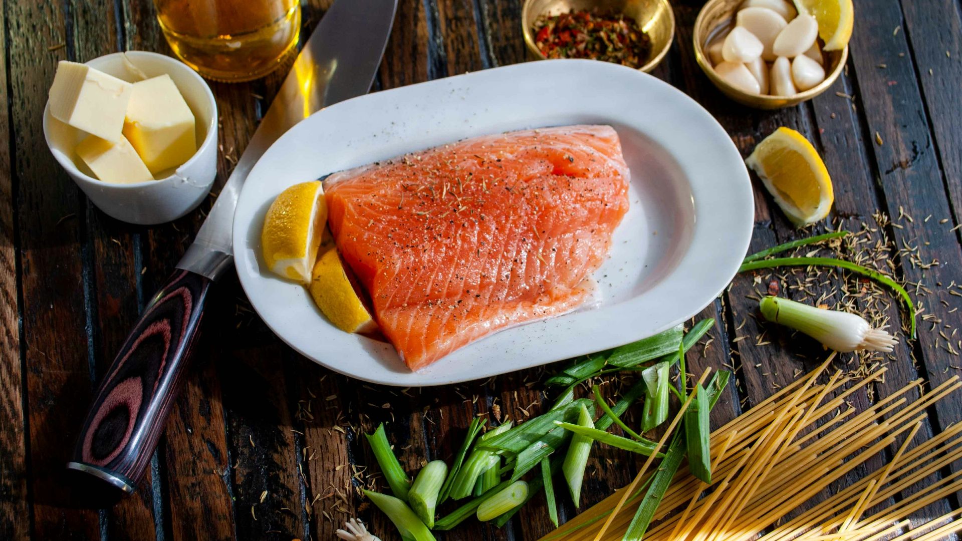 flat lay photography of raw salmon fish